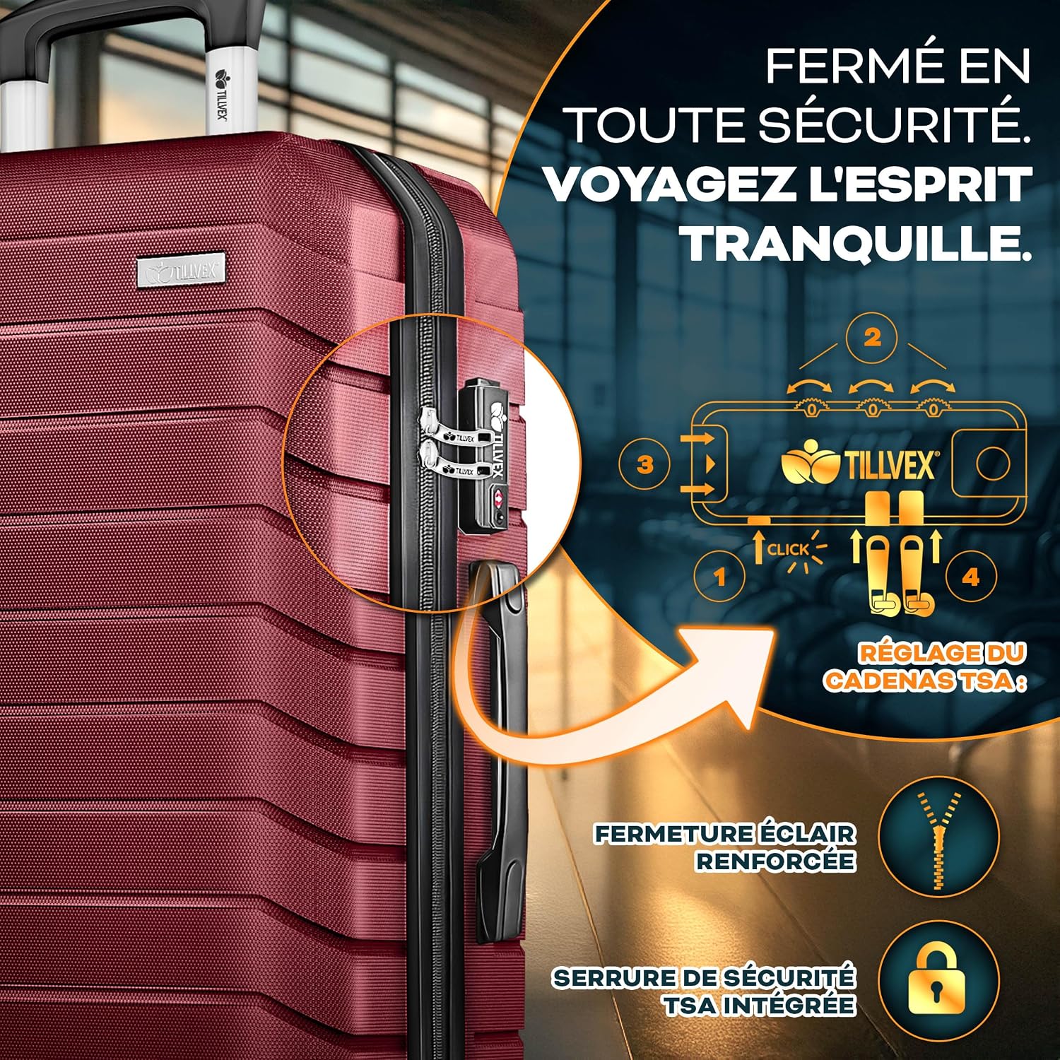 Detalle 2 de Tillvex Set de 4 Valises de Voyage + Balance, 8 Sangles et 4 étiquettes – Coques rigides ABS, TSA, rouge