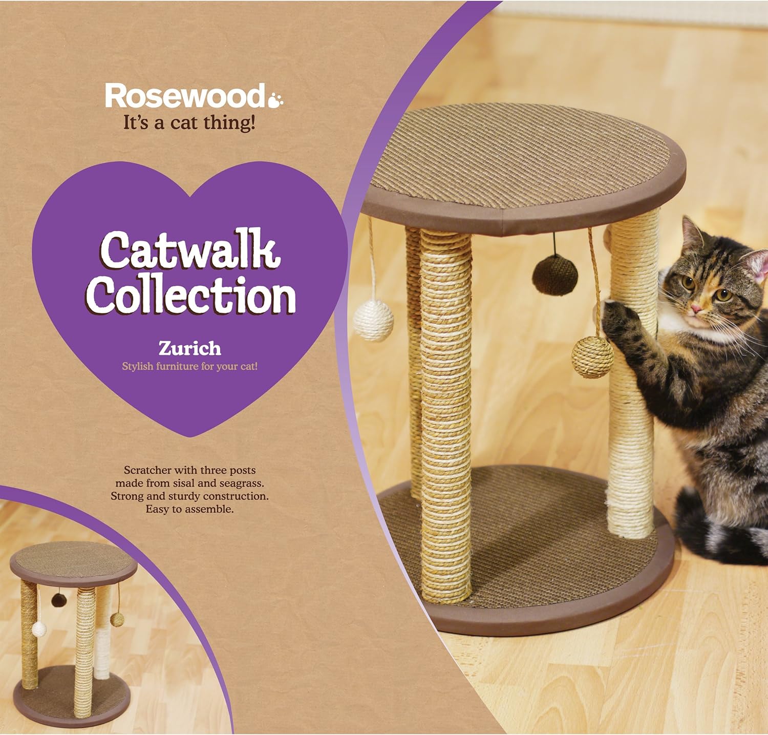 Thumbnail 1 de Rosewood Zurich Cat Scratching Post & Cat Tree (45cm) with 3 Posts and Hanging Toys
