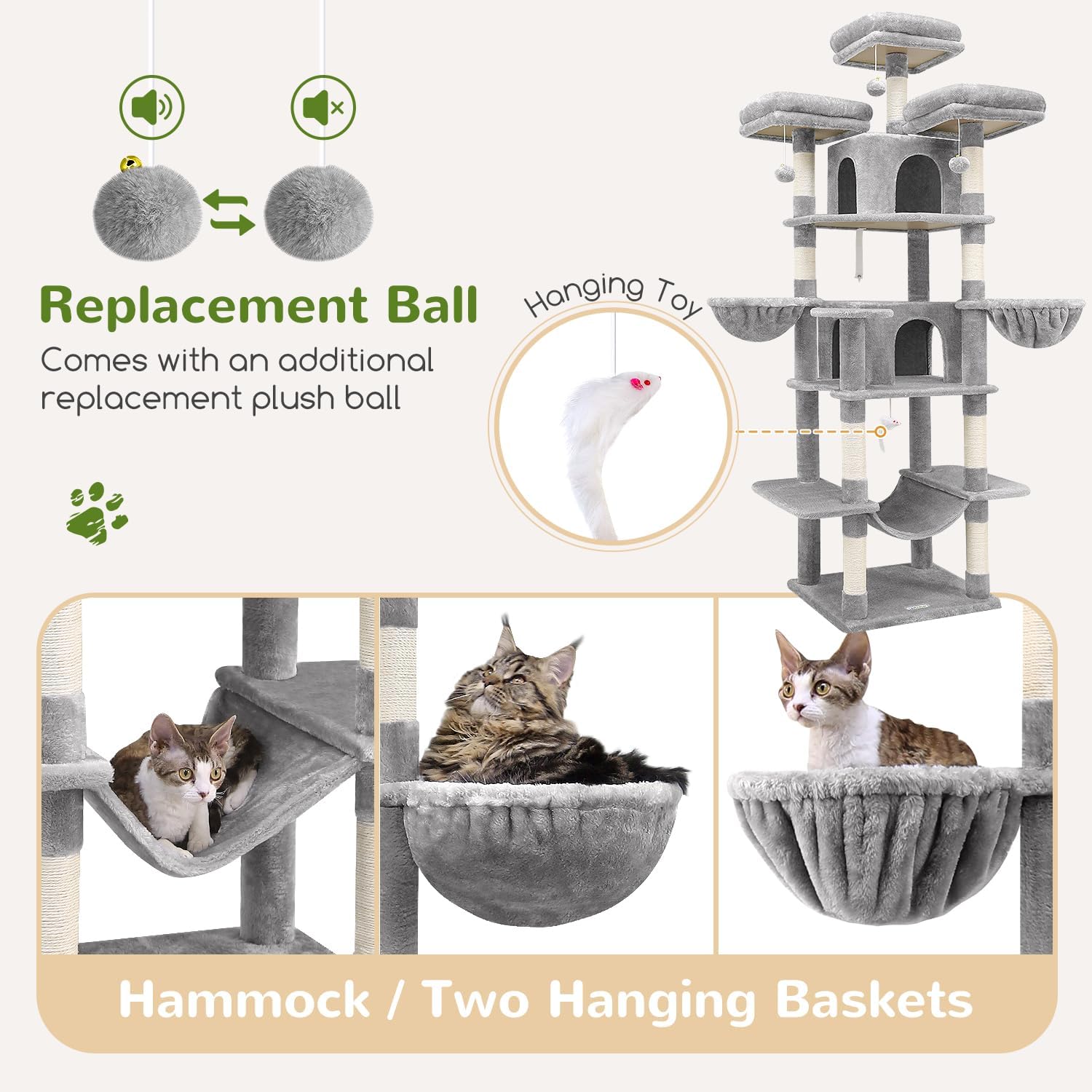 Detalle 1 de Globlazer F80 XXL Cat Tower, Light Grey, with 3 Perches, 2 Condos and Sisal Posts