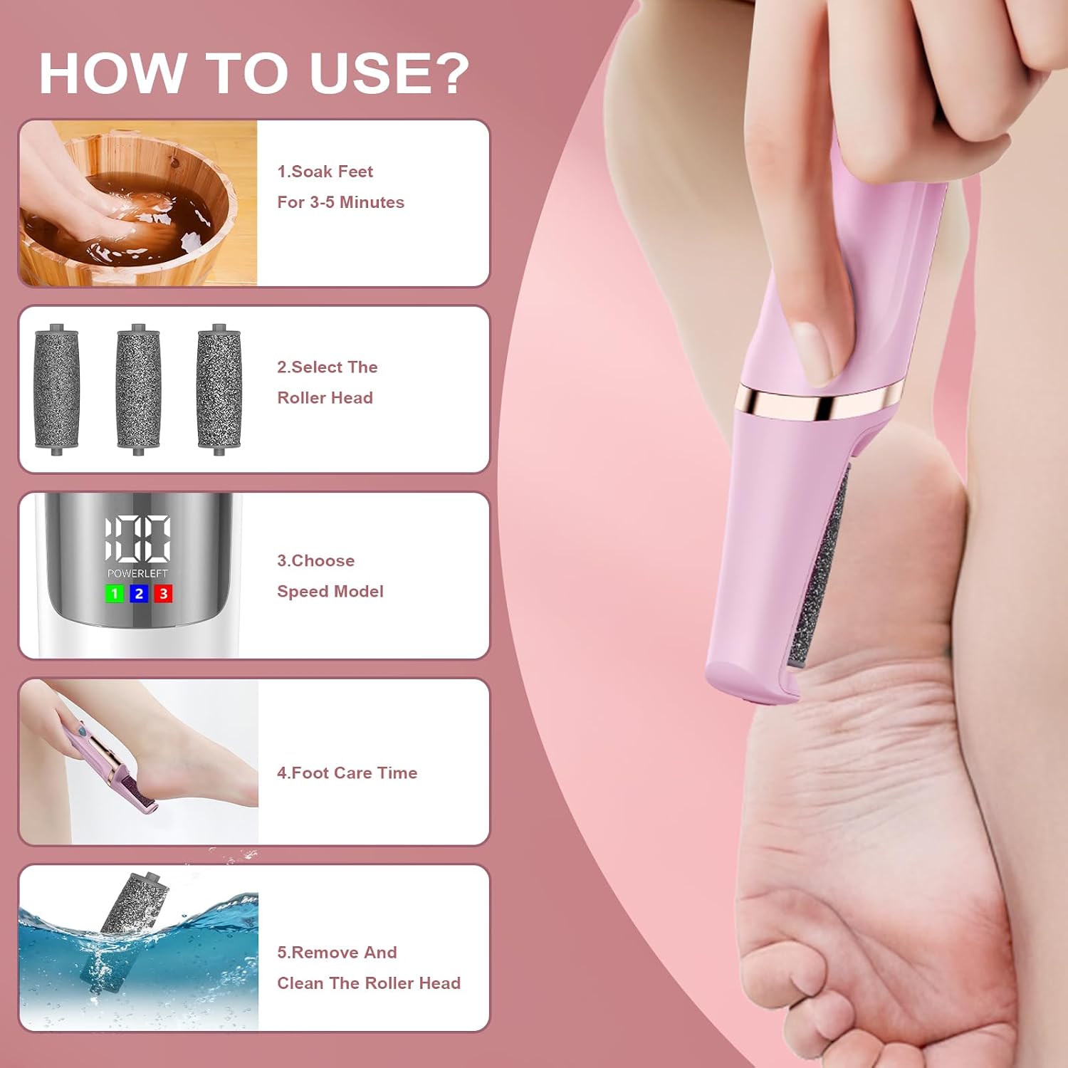Detalle de Dongxw Electric Foot File with 3 Speeds and 3 Rollers (Pink)