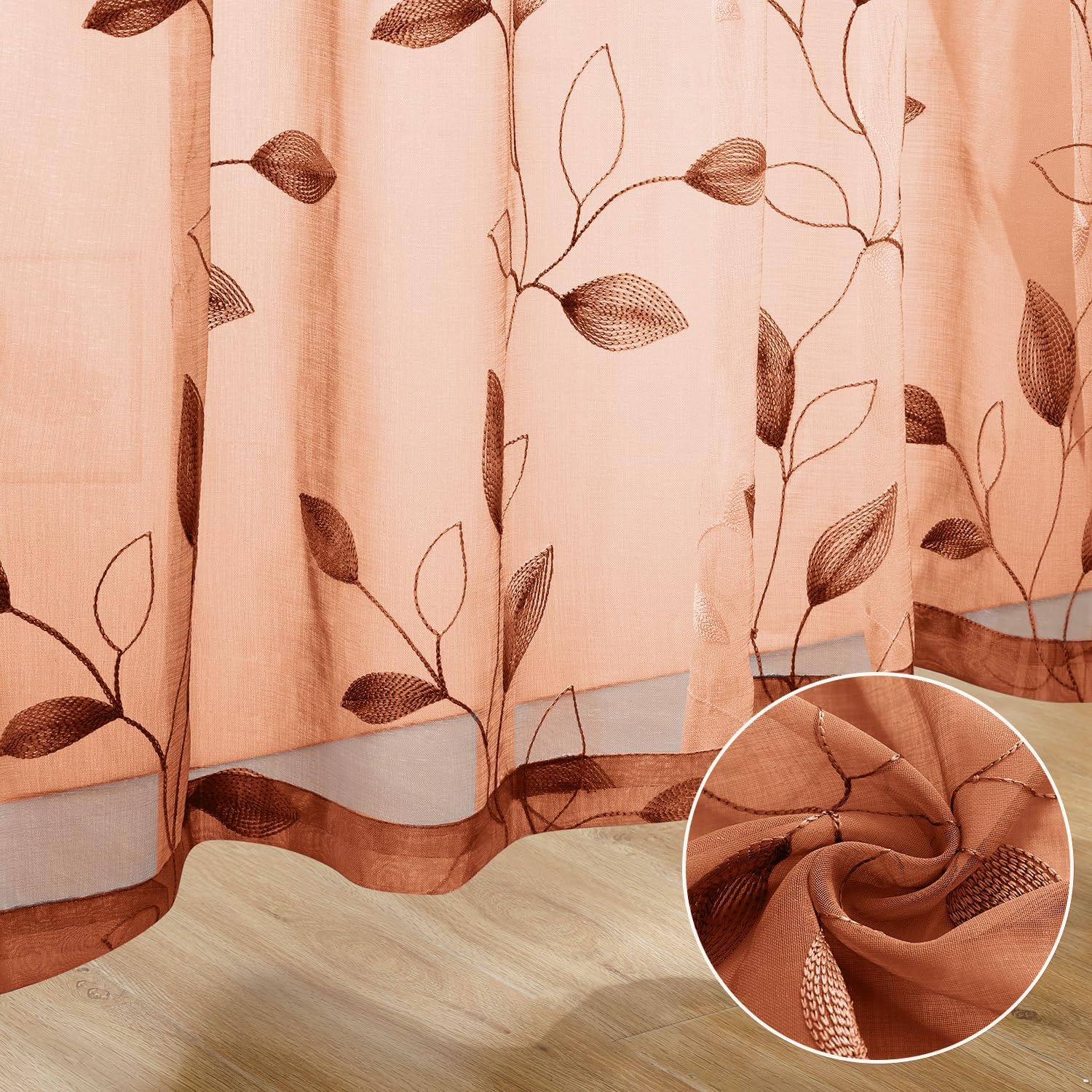 Thumbnail 5 de HOMEIDEAS Burnt Orange Sheer Curtains, Floral Embroidery, 52 x 63 Inches, 2 Panels