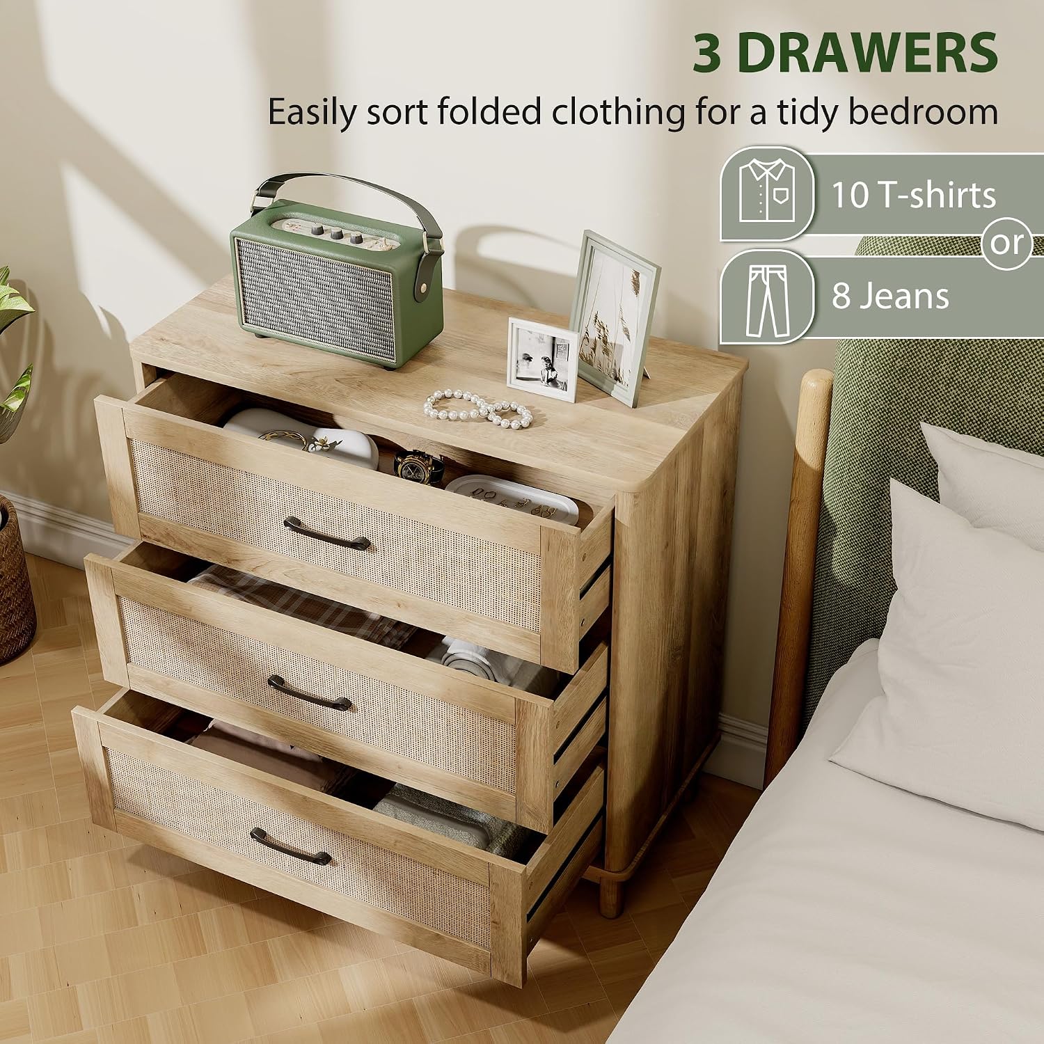 Detalle de HOMCOM 83D-049V00AK Bohemian Rattan Chest of Drawers, Oak, 3 Drawers
