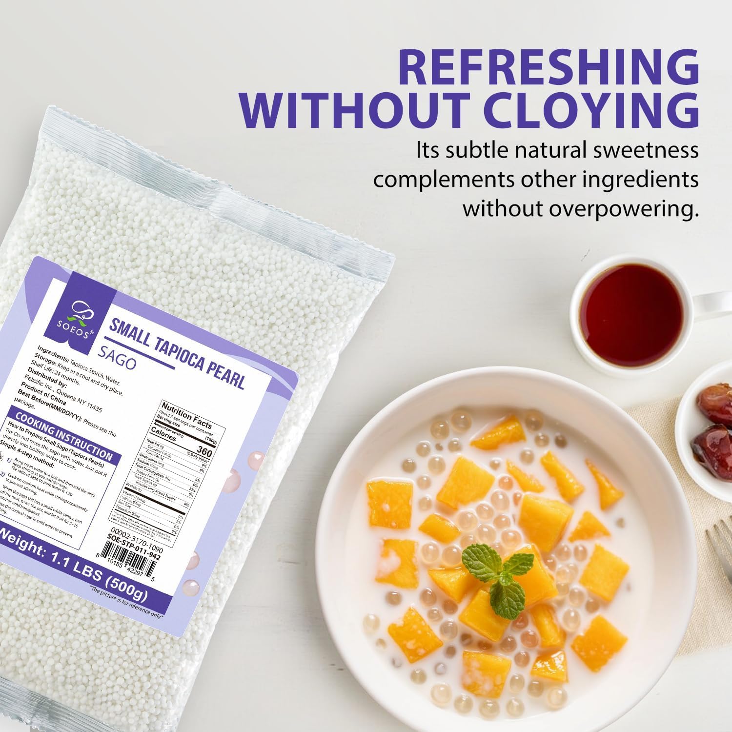 Detalle de Soeos Small Tapioca Pearls, 500g Quick-Cooking Sago for Boba & Desserts