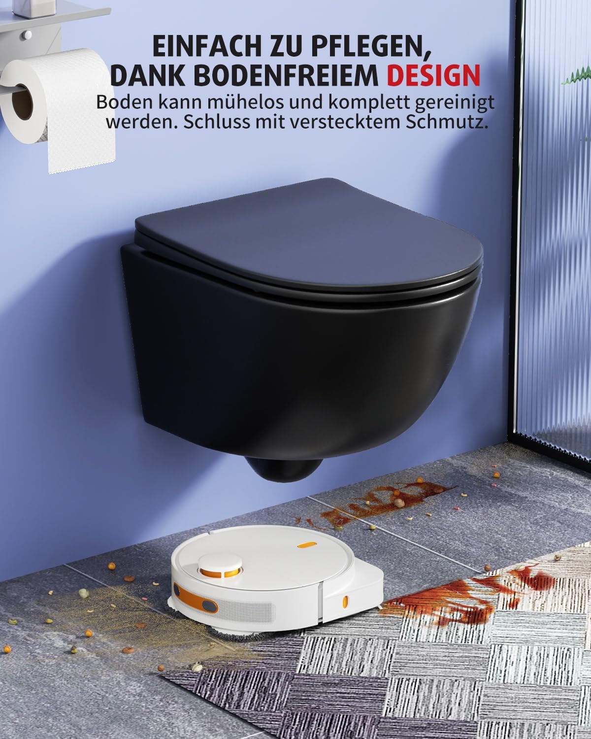 Detalle de Rainsworth Wand-WC Spülrandlos – Hänge Toilette mit kraftvoller Spülung, Absenkautomatik und Schnellverschluss, Schwarz, 48,5 cm