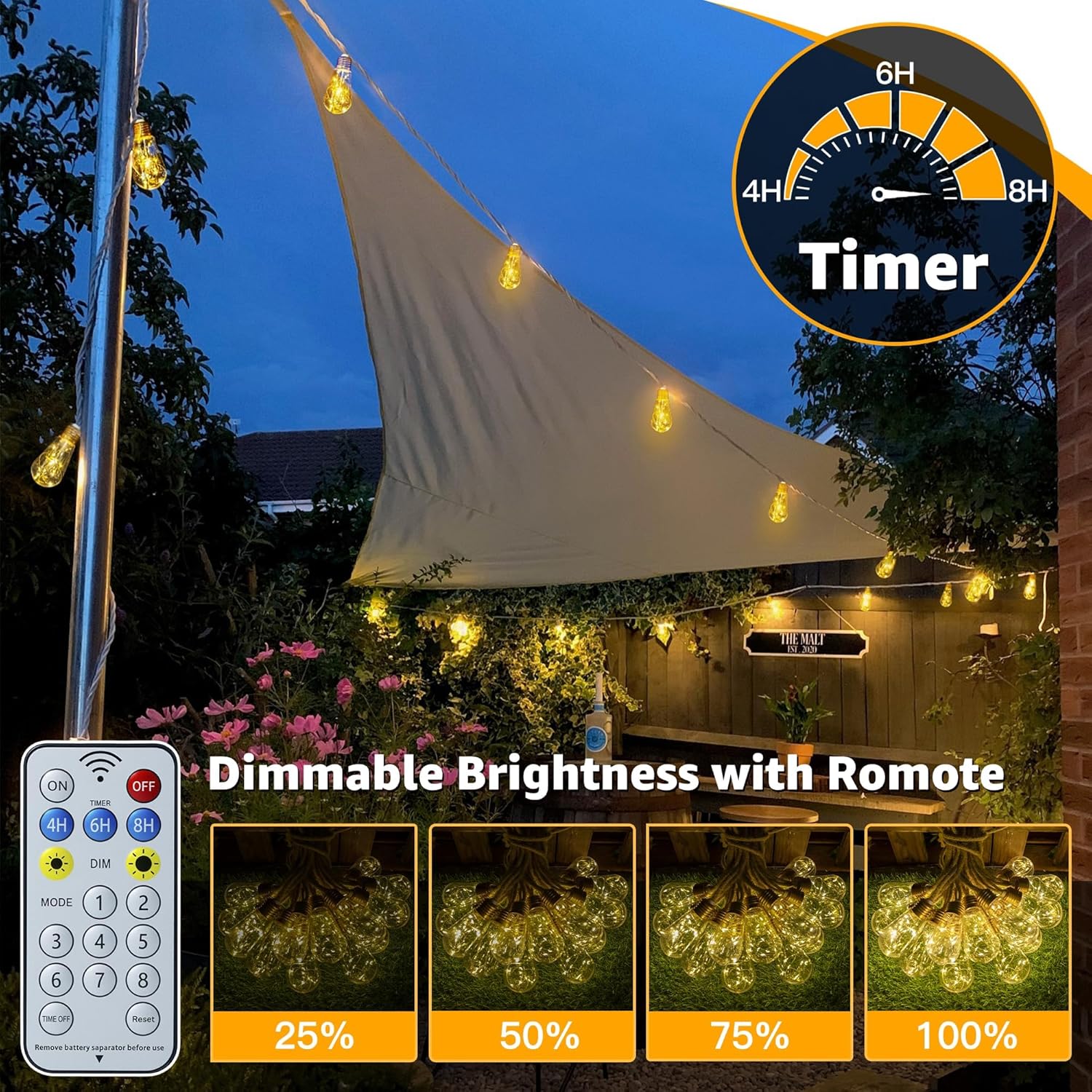 Thumbnail 4 de Ollny Solar Hemp Rope Festoon Lights (6m) with Remote, 16 Shatterproof S17 Bulbs, 160 LEDs, 8 Modes