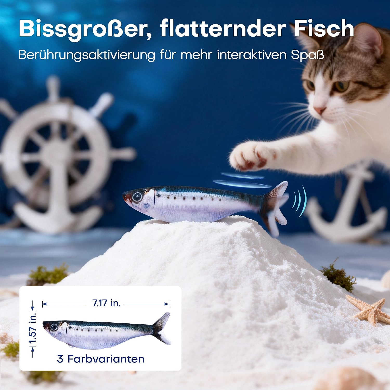 Detalle de Potaroma Katzenspielzeug – Interaktives, aufladbares Fisch-Spielzeug-Set (3er) mit Katzenminze und 3 Flattermodi