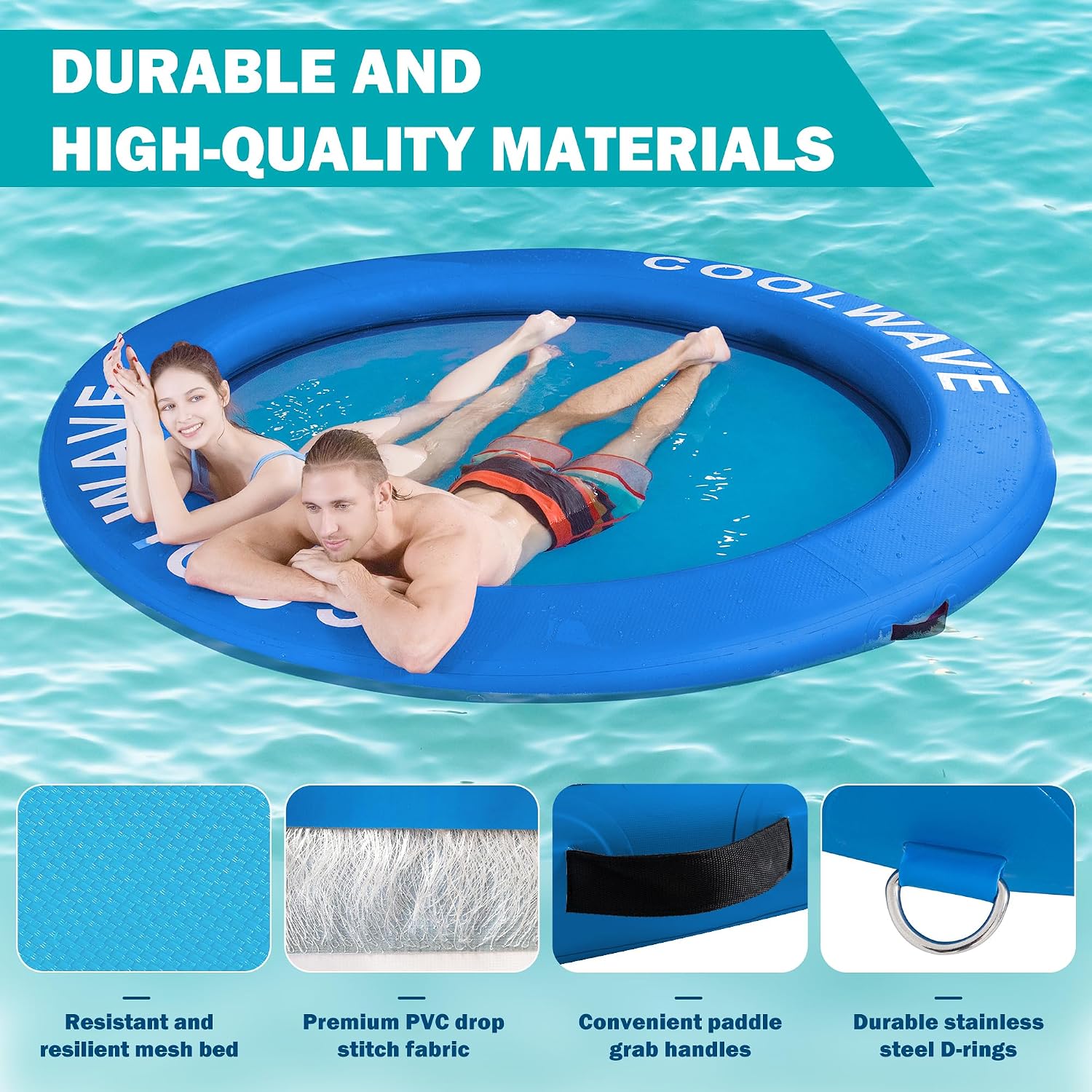 Detalle 2 de COOLWAVE Inflatable Water Hammock Floating Dock: Family‑Sized Round Float with Pump, Ropes, and Cup Holders