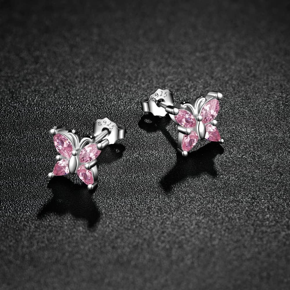 Detalle 2 de TIZU 925 Sterling Silber Schmetterling Ohrringe mit rosa-lila Zirkonen – hypoallergen, Geschenk-Edition
