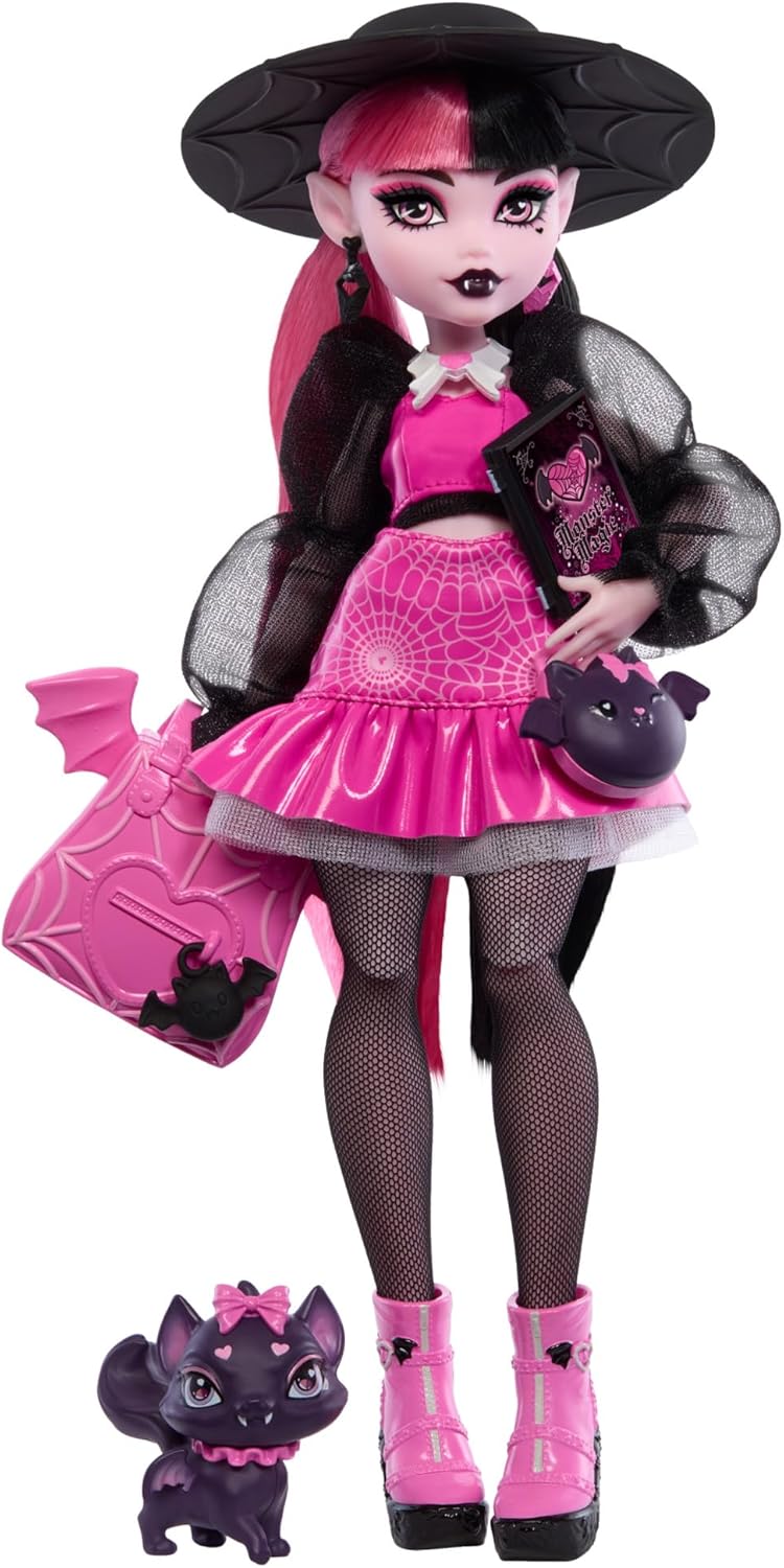 Detalle de Monster High Fabulosa Draculaura con mascota Count Fabulous (Mattel HRP64) muñeca articulada y set de moda con accesorios