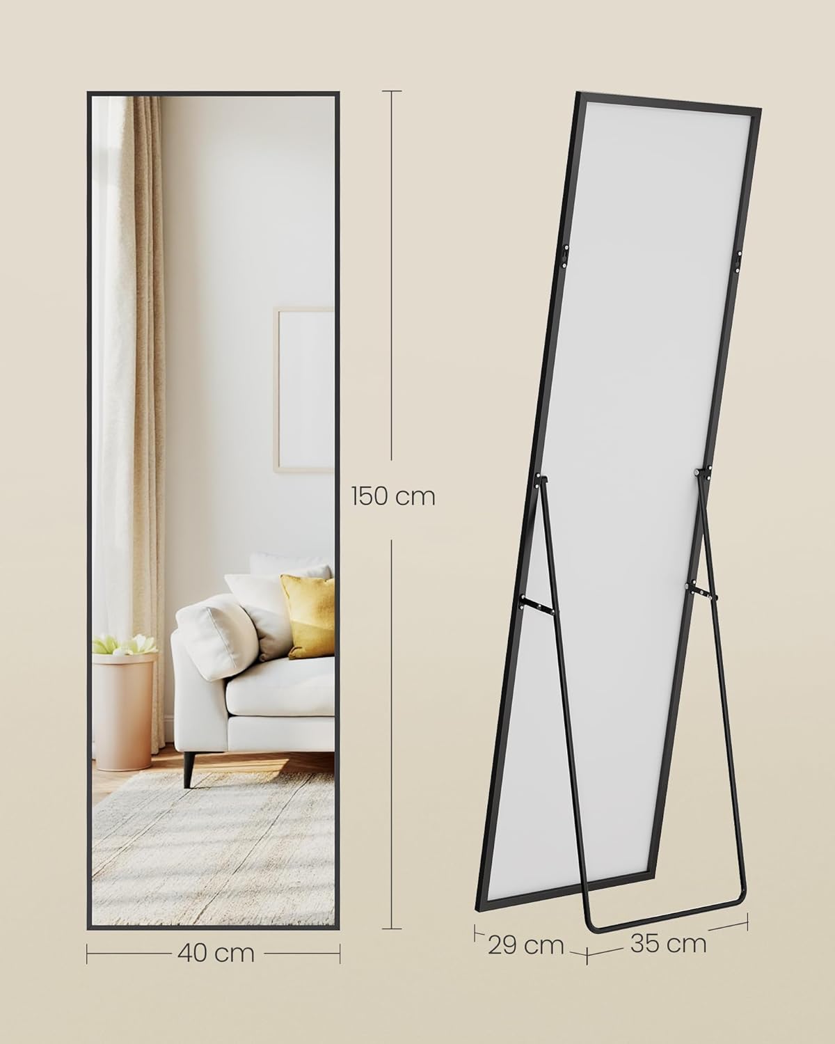 Thumbnail 4 de SONGMICS Ganzkörperspiegel 150 x 40 cm – rechteckiger Standspiegel mit Aluminiumrahmen, Hartglas, tintenschwarz