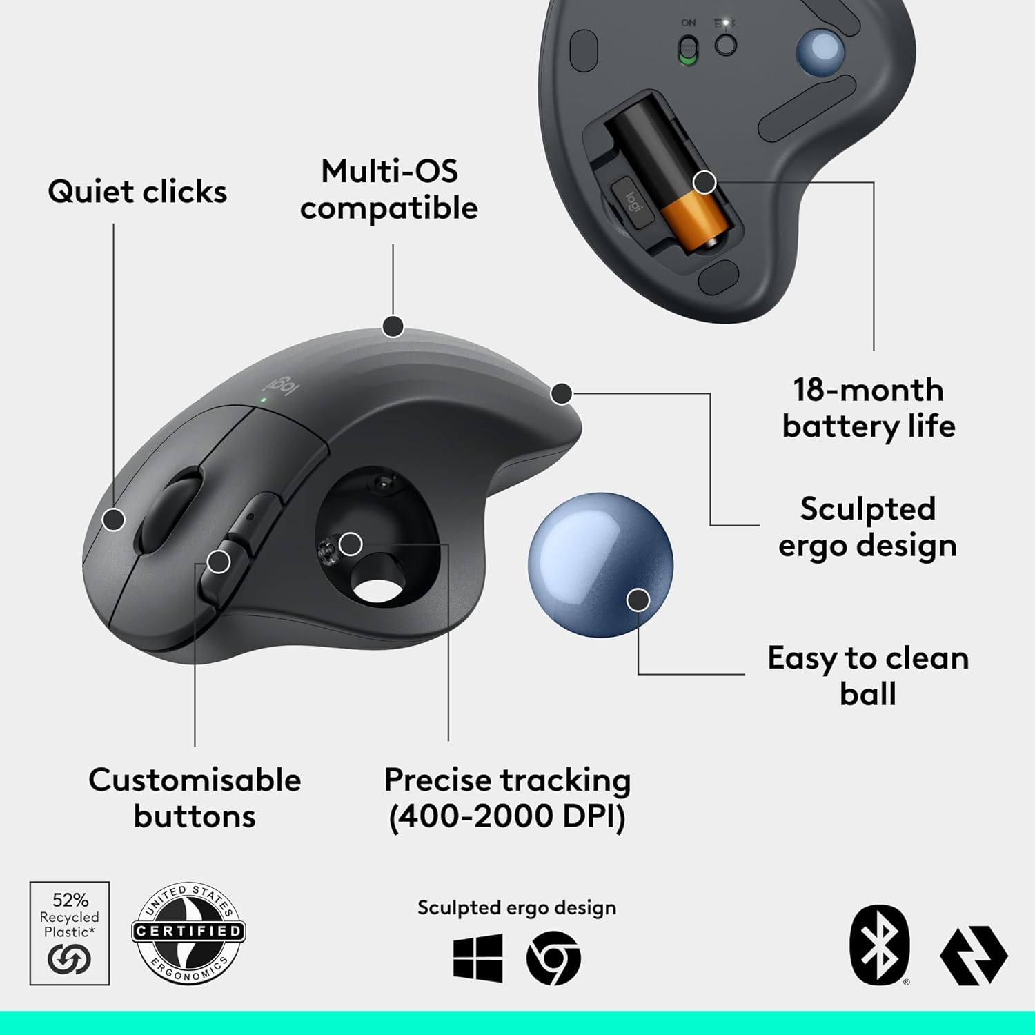 Thumbnail 5 de Logitech ERGO M575S Wireless Trackball Mouse (Bluetooth + encrypted dongle) – Graphite