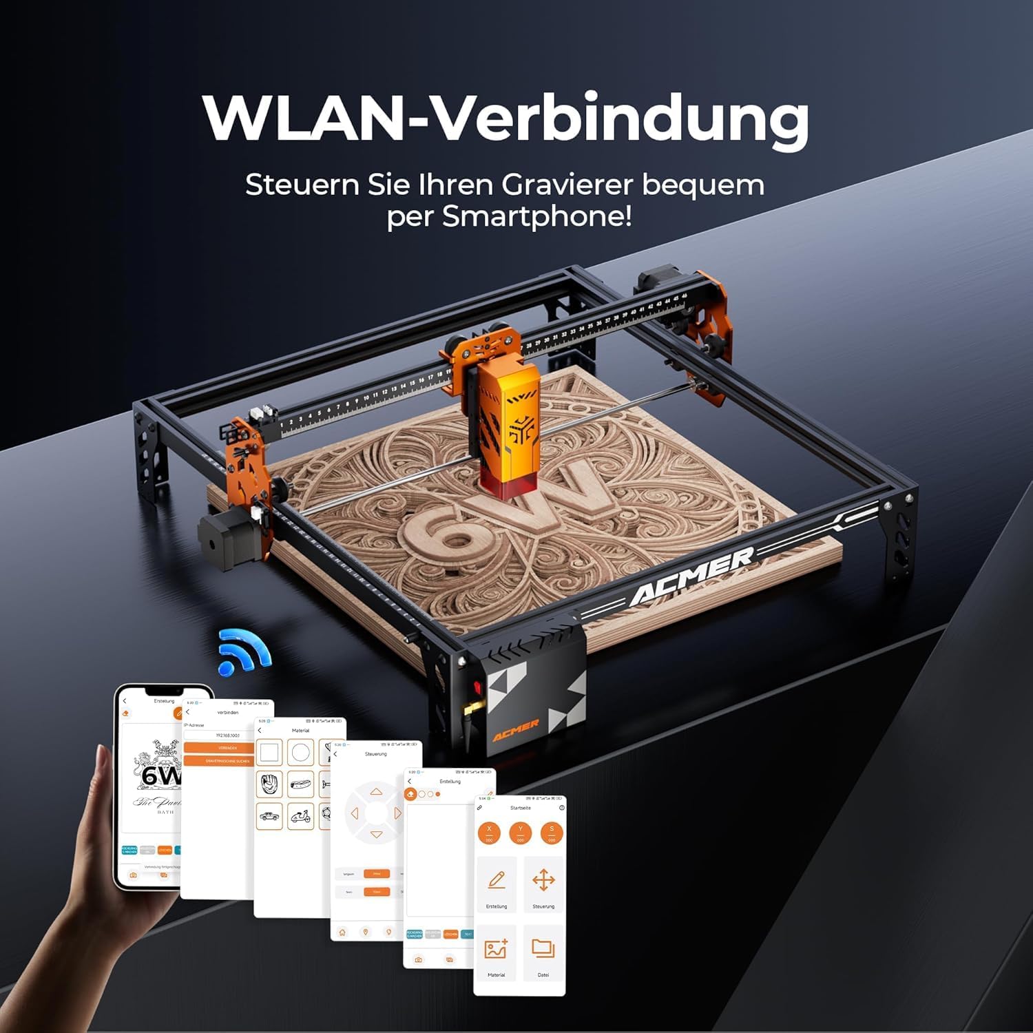 Detalle de ACMER P1 S Pro 6W Laser Engraver – Large 380x370mm Workspace with Wi‑Fi, Class 1 Safety