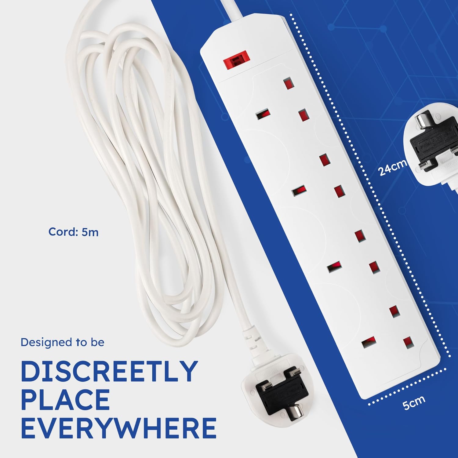 Thumbnail 1 de DESIRETECH White Electric Extension Lead 4-Gang, 5m (Wall-Mountable UK Plug, Surge Protection)