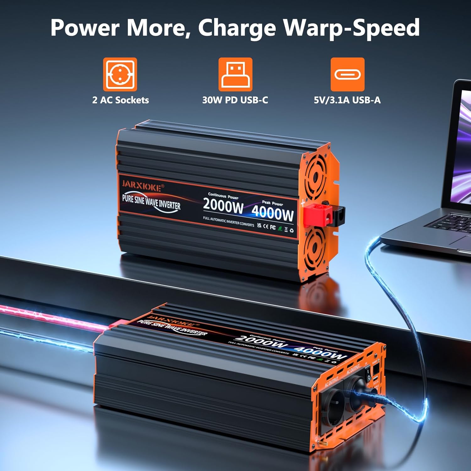 Thumbnail 2 de 12V-auf-230V Reiner Sinus Wechselrichter 2000W mit 2× EU-Steckdose, USB‑C (30W) und LCD-Fernbedienung