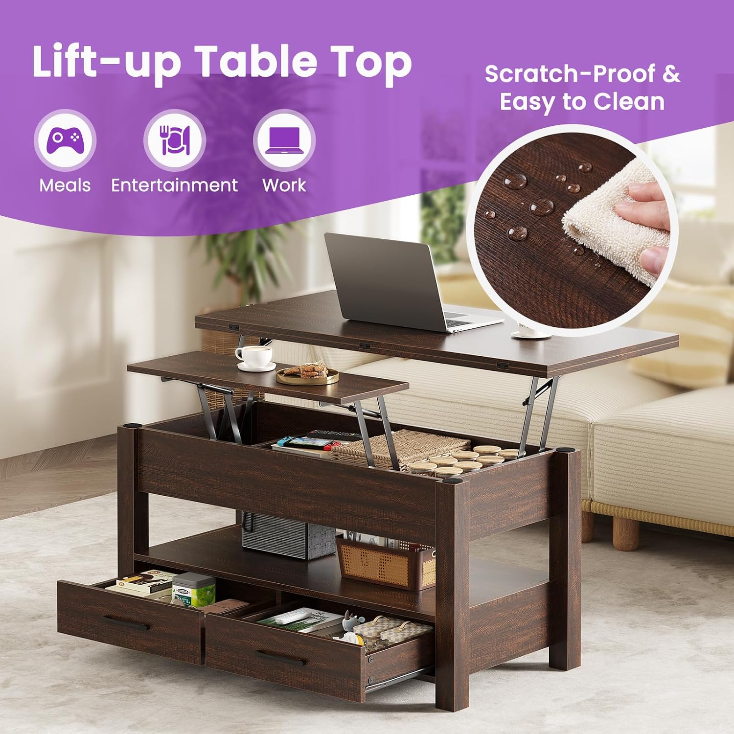 Thumbnail 2 de DUMOS Convertible Lift-Top Coffee Table 39.4-inch