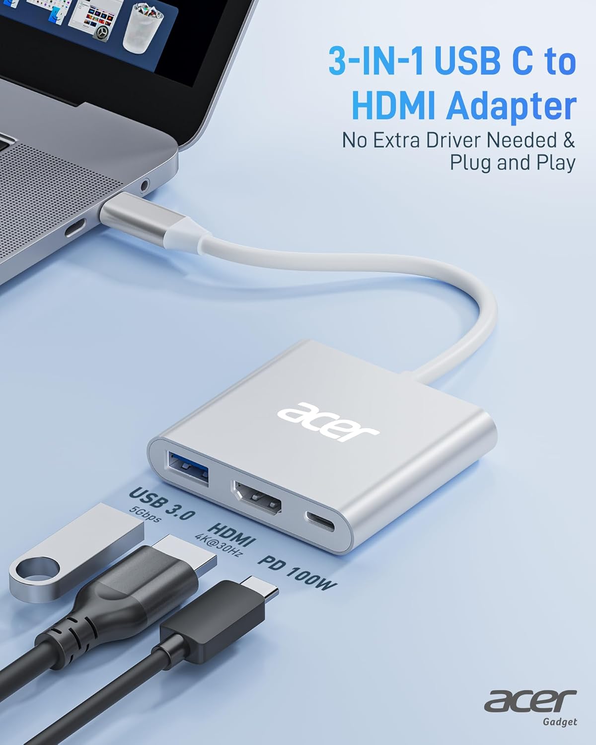 Detalle 2 de acer USB C to HDMI Adapter 4K with 100W PD and USB 3.0 🔌
