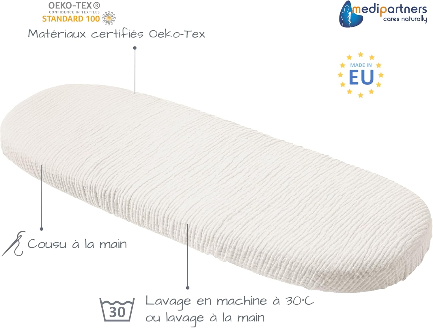 Detalle de Medi Partners Drap Housse Nacelle 86x40cm – Lot de 3 (Beige/Blanc/Gris) en coton mousseline 140 g