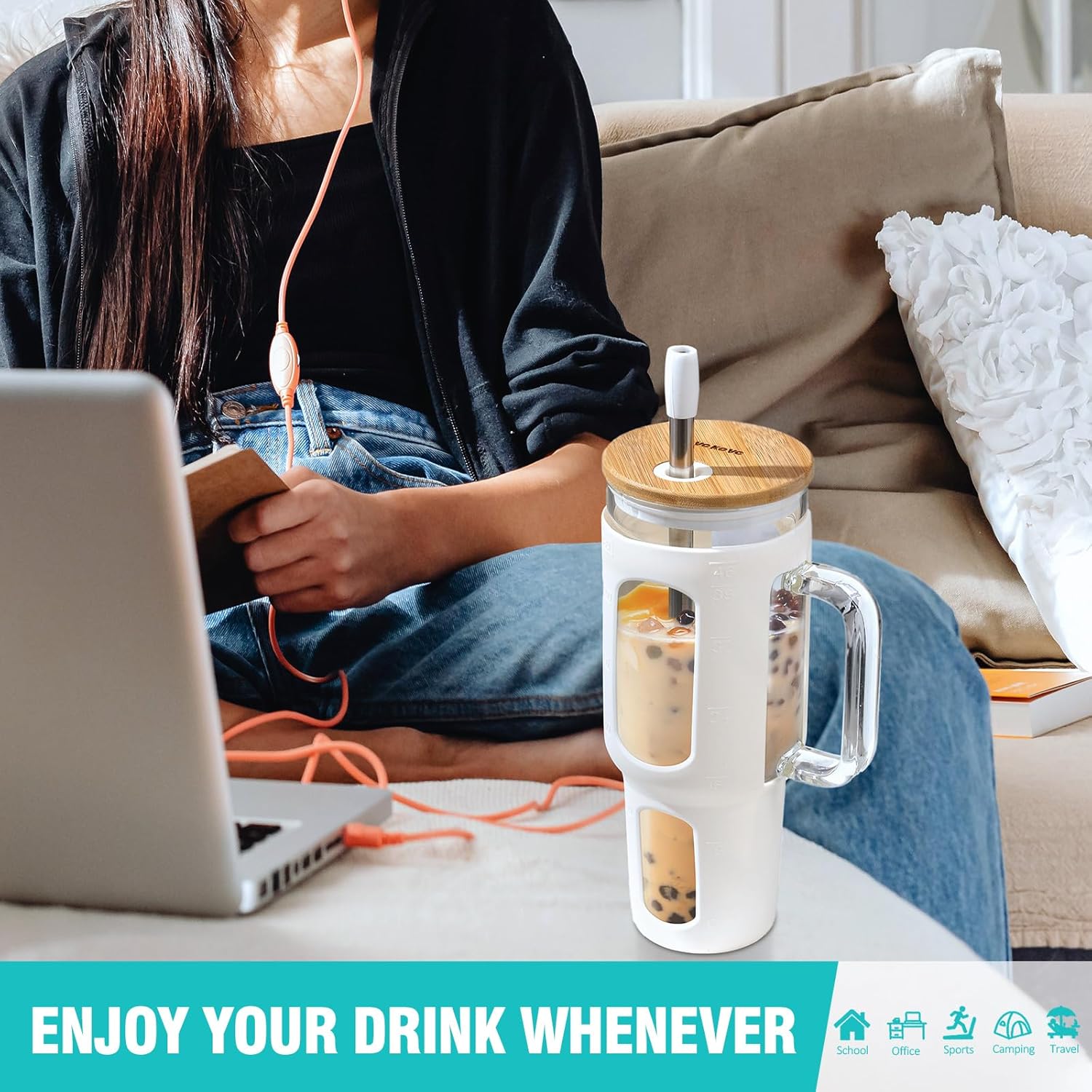 Thumbnail 5 de BLUEGO gobelet en verre avec couvercle 1400 ml, poignée et 2 pailles (sans BPA) – blanc
