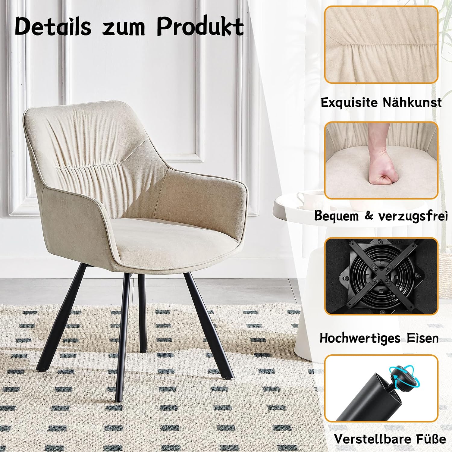 Detalle de LEWE Esszimmerstühle 6er-Set drehbar 360° mit Armlehne, Khaki – ergonomische Polsterstühle