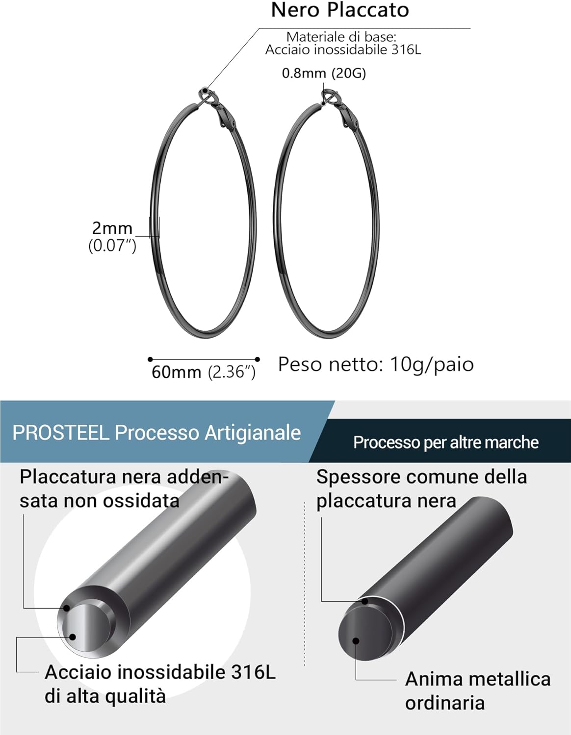 Thumbnail 2 de PROSTEEL Orecchini a cerchio in acciaio 316L placcati oro 14K, ipoallergenici (20/30/50/60/70/80/90/100 mm) minimal vintage Y2K