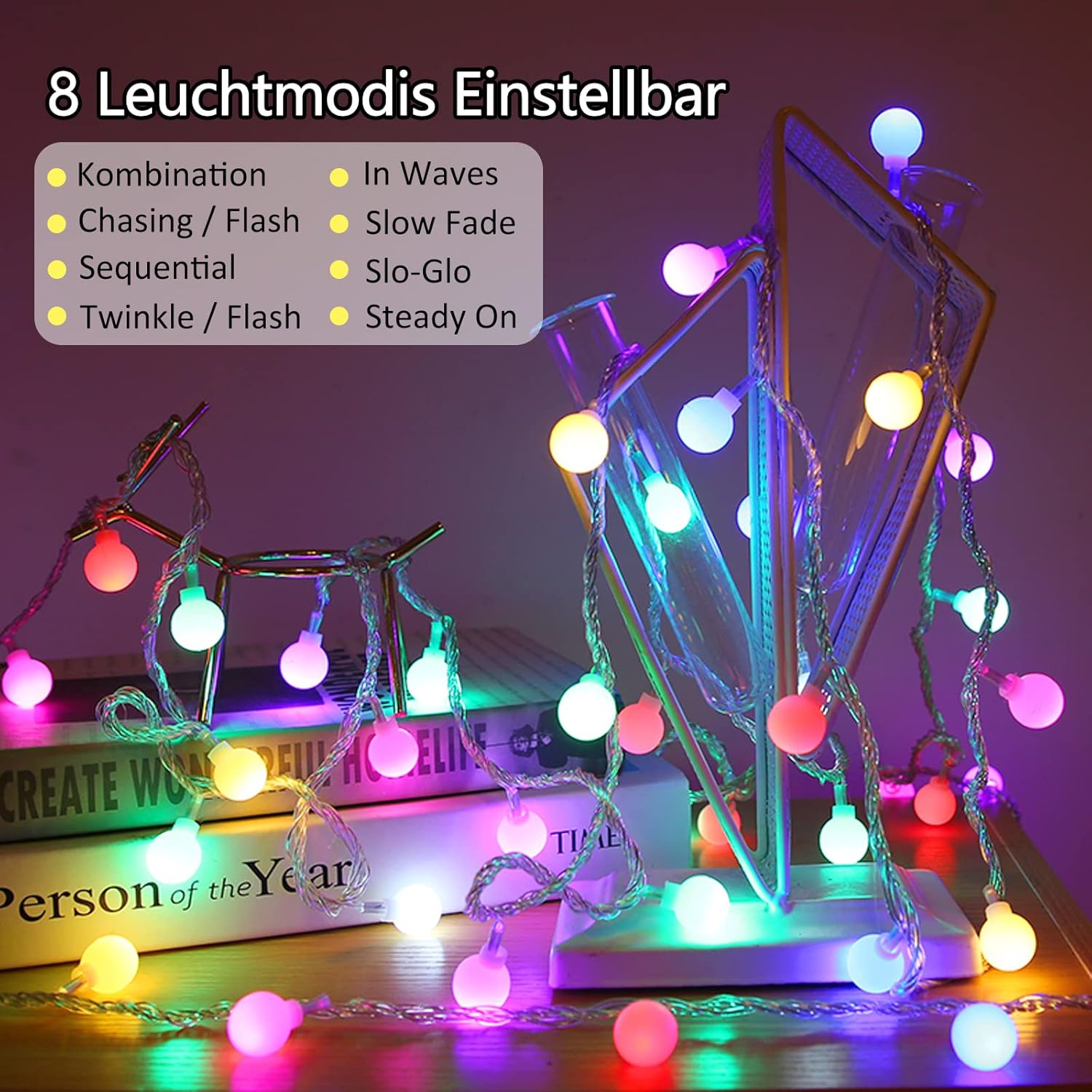 Thumbnail 2 de taiyongkang Lichterkette Batterie mit USB – 13 m, 100 LEDs, 8 Modi, IP44 outdoor/indoor
