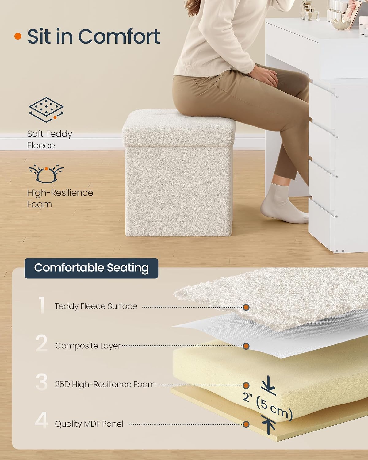 Detalle 2 de SONGMICS Folding Storage Ottoman 15 x 15 x 15 Inches