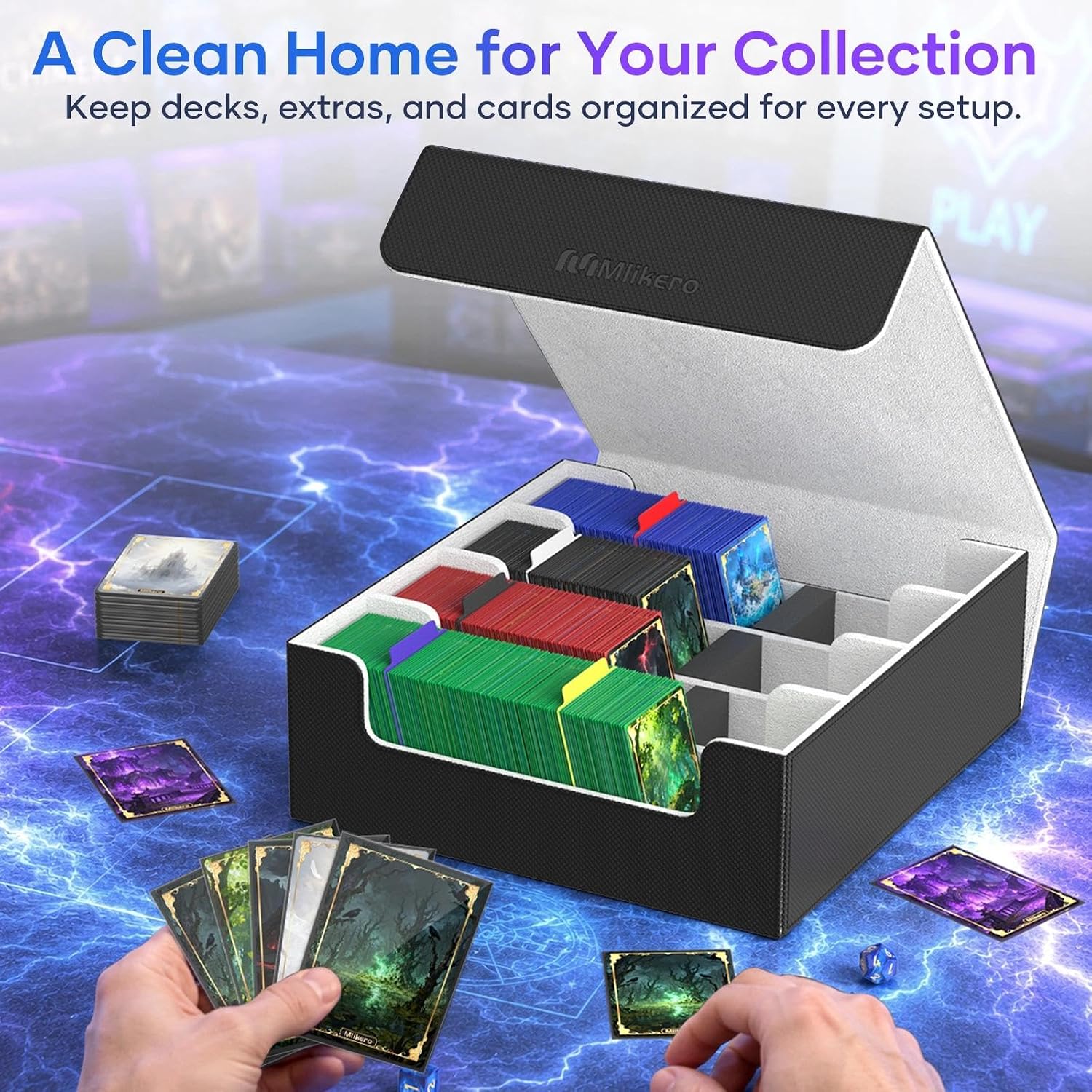 Detalle de Mlikero Card Deck Case (2400+ Trading Card Storage Box) with Magnetic Closure, 10 Dividers & Foam Stoppers
