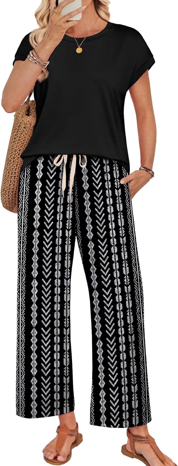 Thumbnail 5 de WIHOLL Women’s Two-Piece Lounge Set (Round Neck Cap Sleeve Top + Wide-Leg Pants)