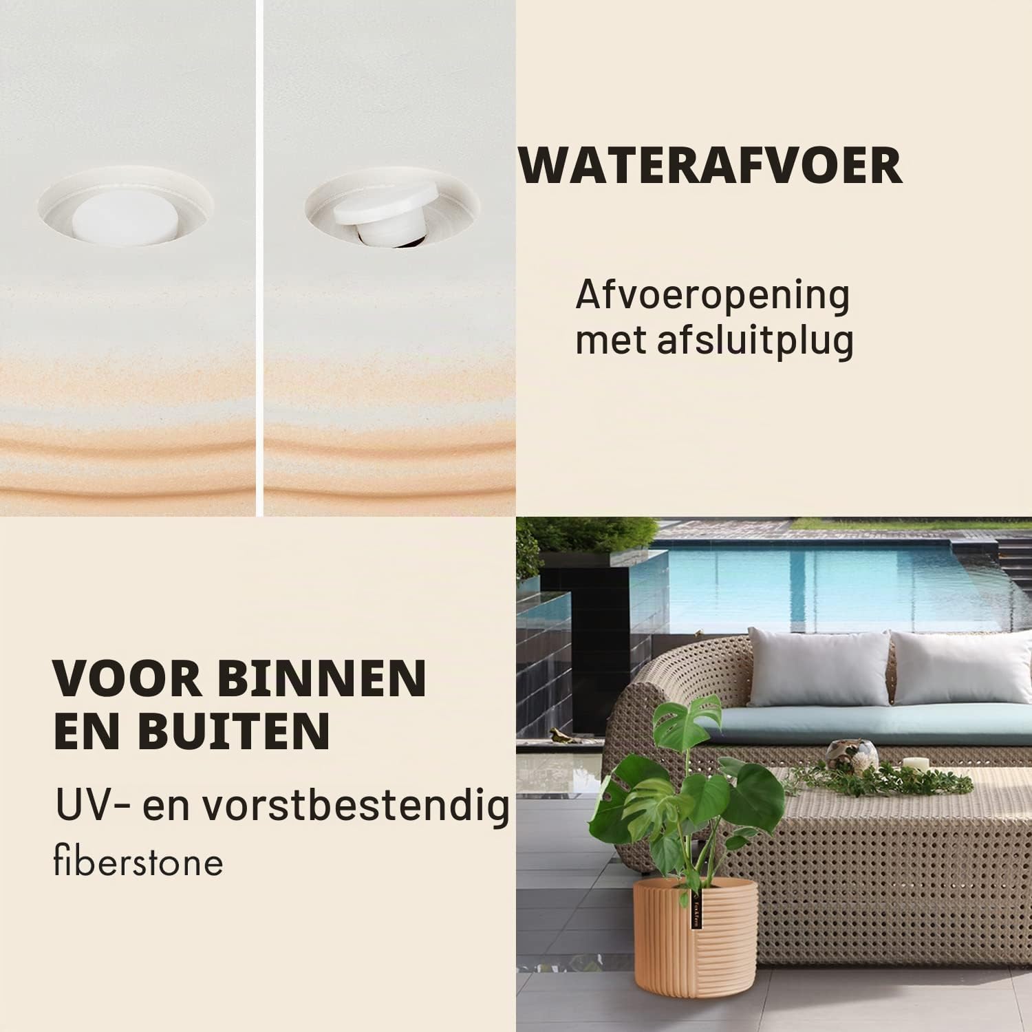 Detalle 2 de Fox & Fern PP-ROUND-POLY-L-MW bloempot, zandkleur met lijnstructuur en afvoer