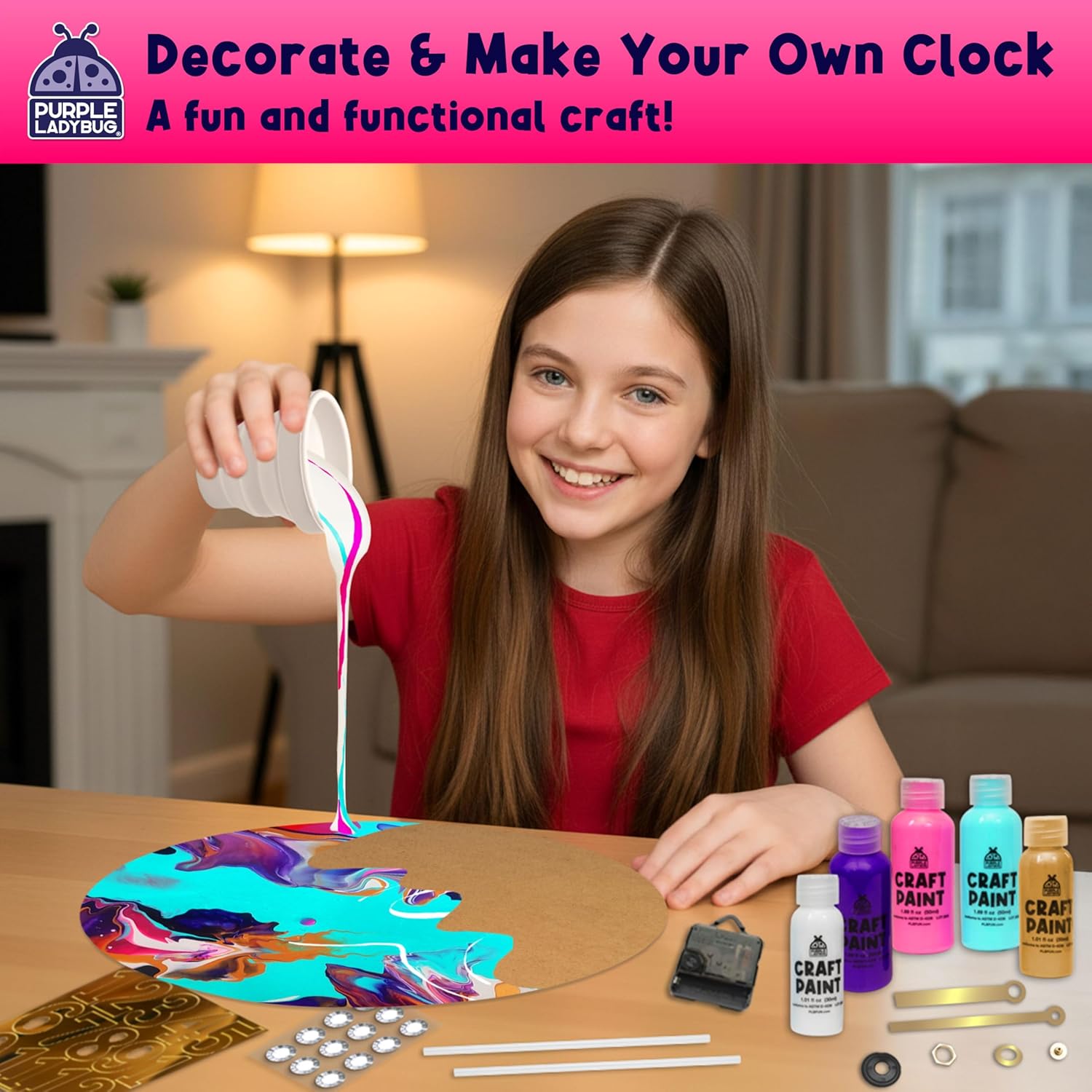 Thumbnail 1 de Cosmic Confetti Paint Pouring DIY Clock Kit for Kids (Ages 6-12) – Complete Craft Set