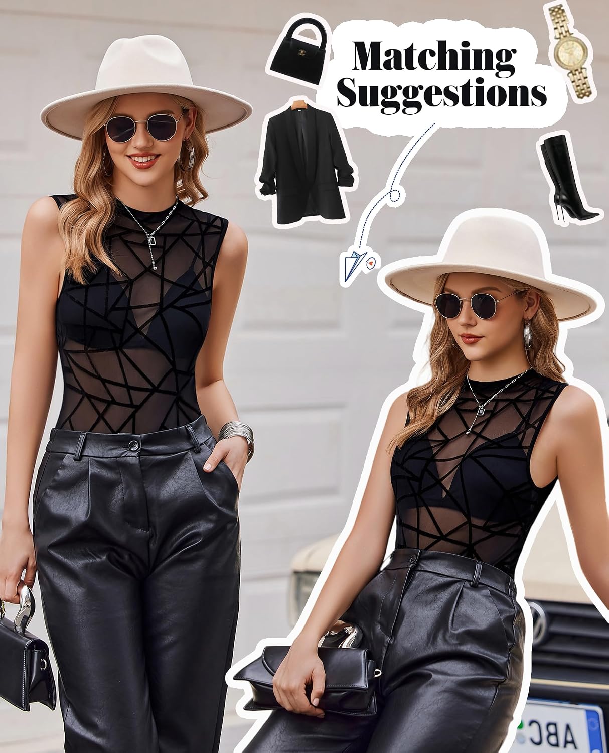 Detalle de Avidlove Damen Mesh Bodysuit – ärmelloses Netzoberteil mit Rundhals, transparentes Design
