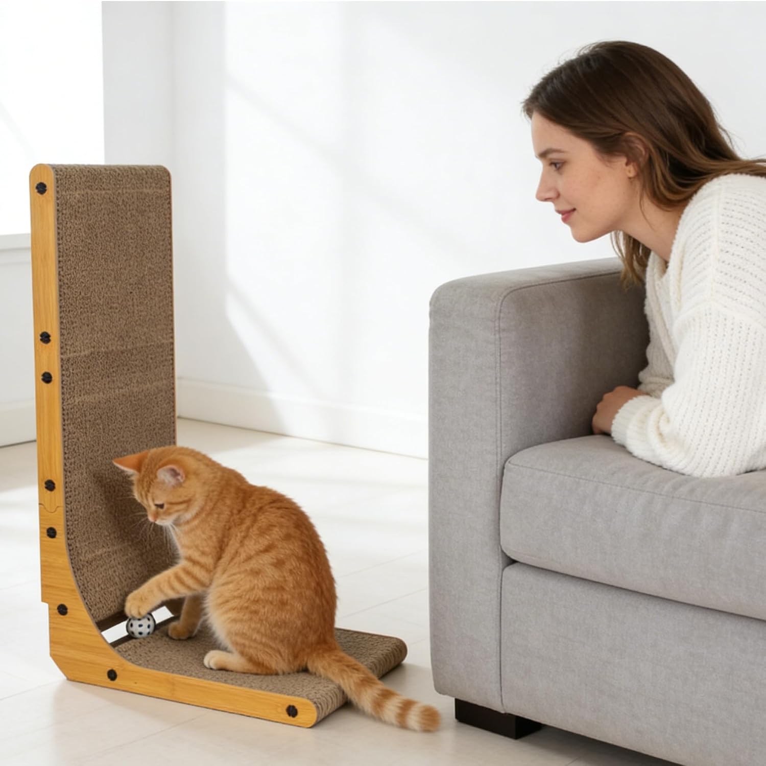 Thumbnail 6 de 68 cm Tiragraffi Cartone per Gatti a Forma di L – XXL, con Palla Sonagliante e Protezione per Pareti