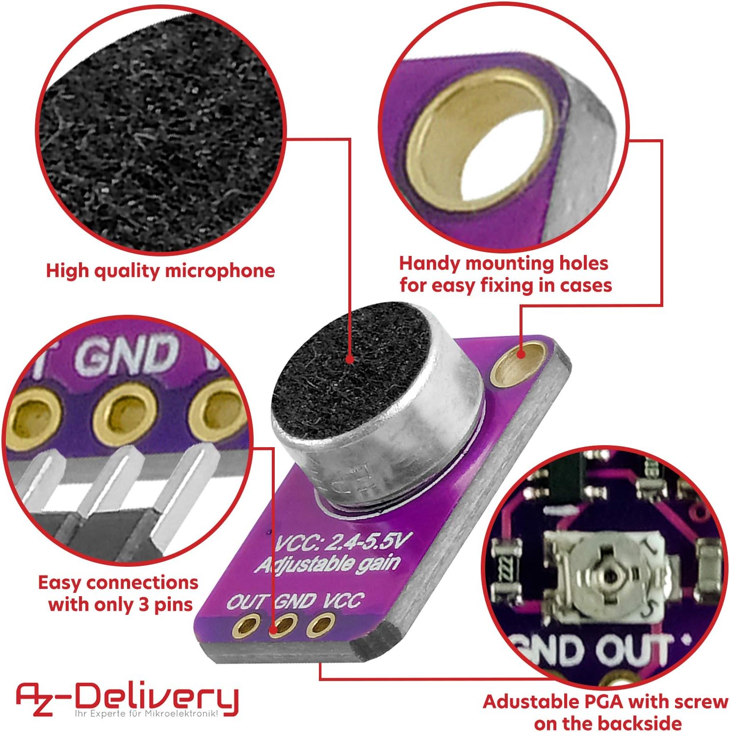 Detalle de AZDelivery 3x GY‑MAX4466 : amplificateur pour microphones électret MAX4466 (Arduino & Raspberry Pi)