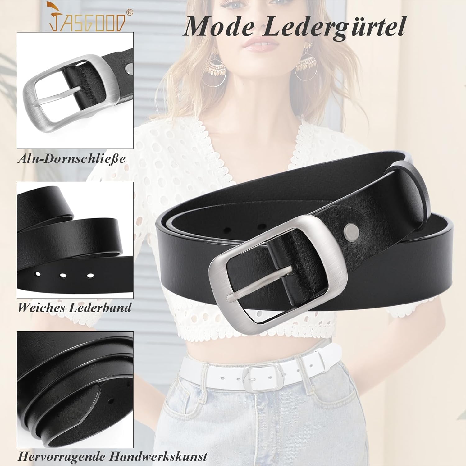 Detalle de JasGood Damen-Ledergürtel für Jeans & Kleider mit Dornschließe