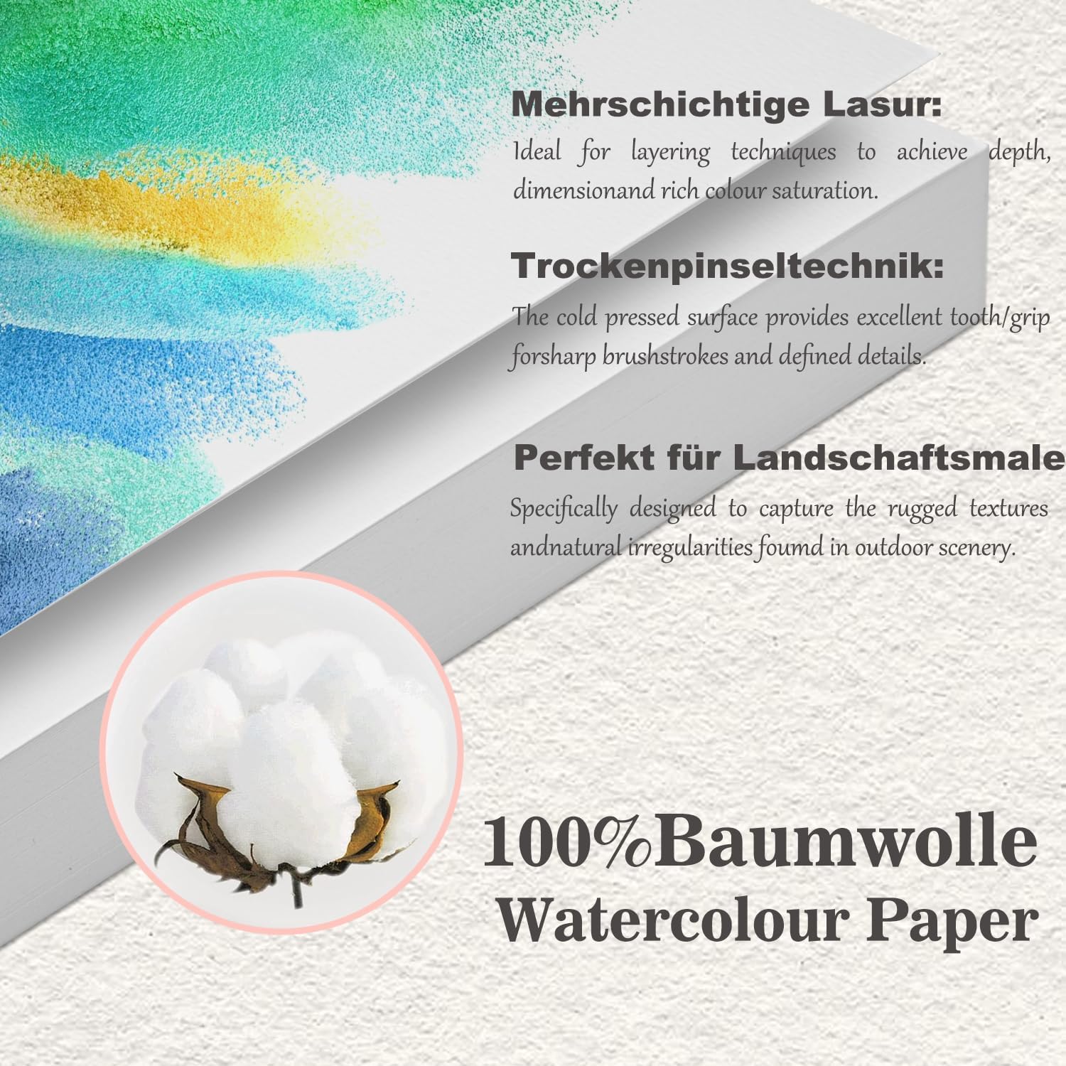 Detalle 2 de Aquarellpapier A4 21 x 29,7 cm, 80 Blatt, 300 g/m² – kaltgepresstes Baumwollpapier für Aquarellzeichnungen
