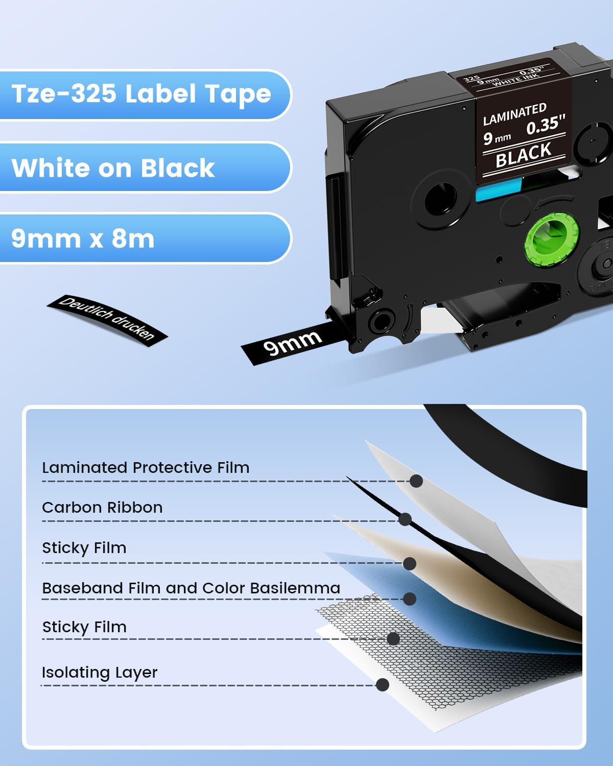 Detalle de Upwinning TZe-325 Bänder 9 mm Schwarz auf Weiß – 3er-Pack kompatibel mit Brother P-touch