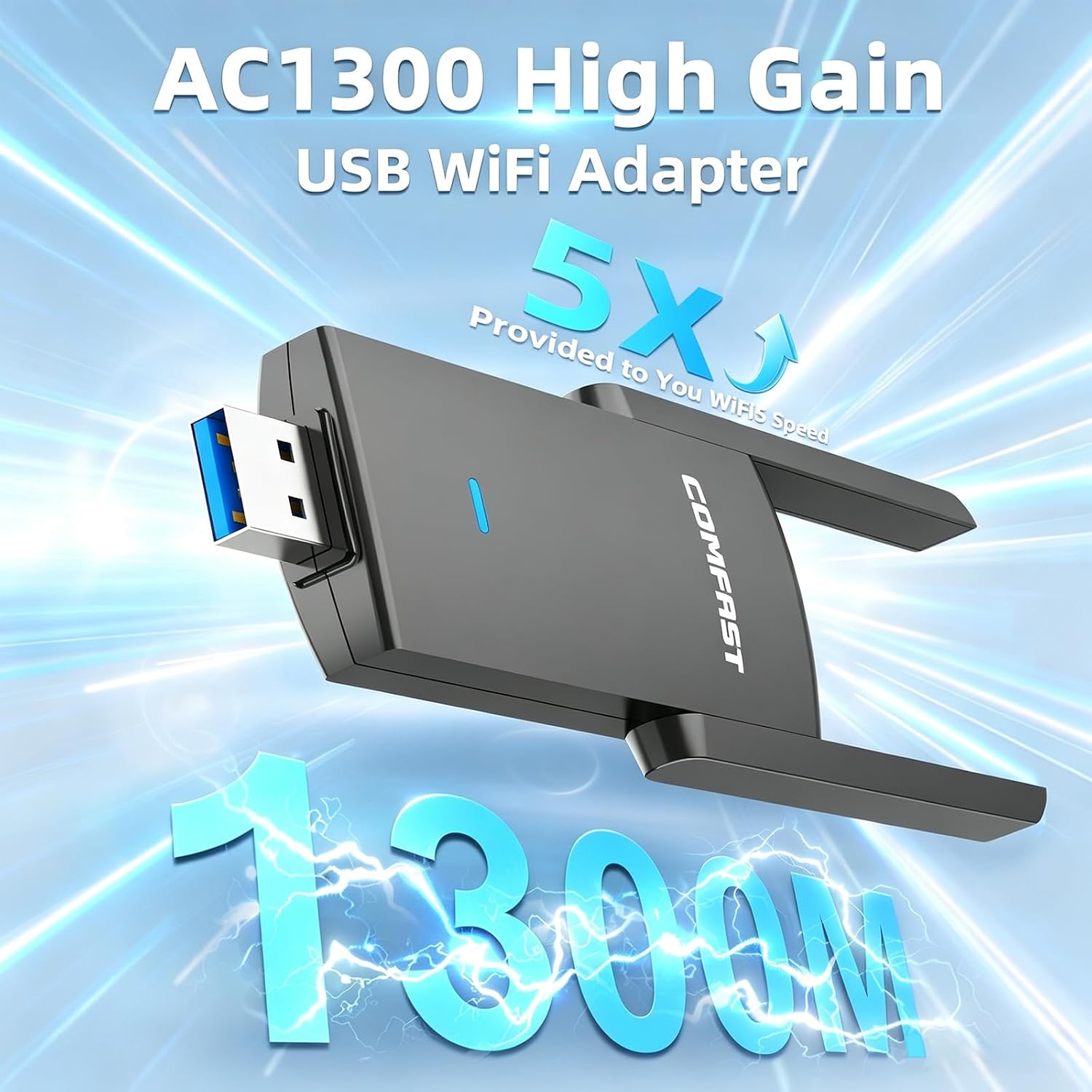 Detalle de COMFAST AC1300Mbps USB WiFi Adapter: Dual-Band USB 3.0 Dongle with 2 Antennas