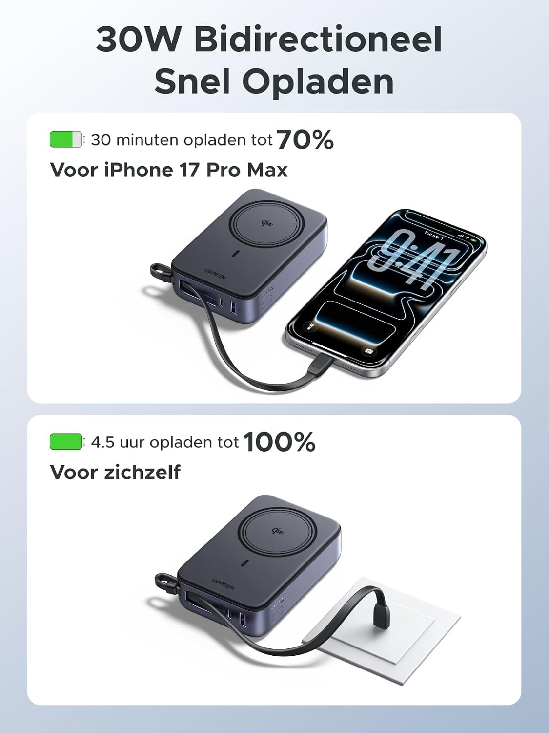Detalle de UGREEN Zapix PB567 powerbank 20.000 mAh met Qi2 15W en USB-C 30W