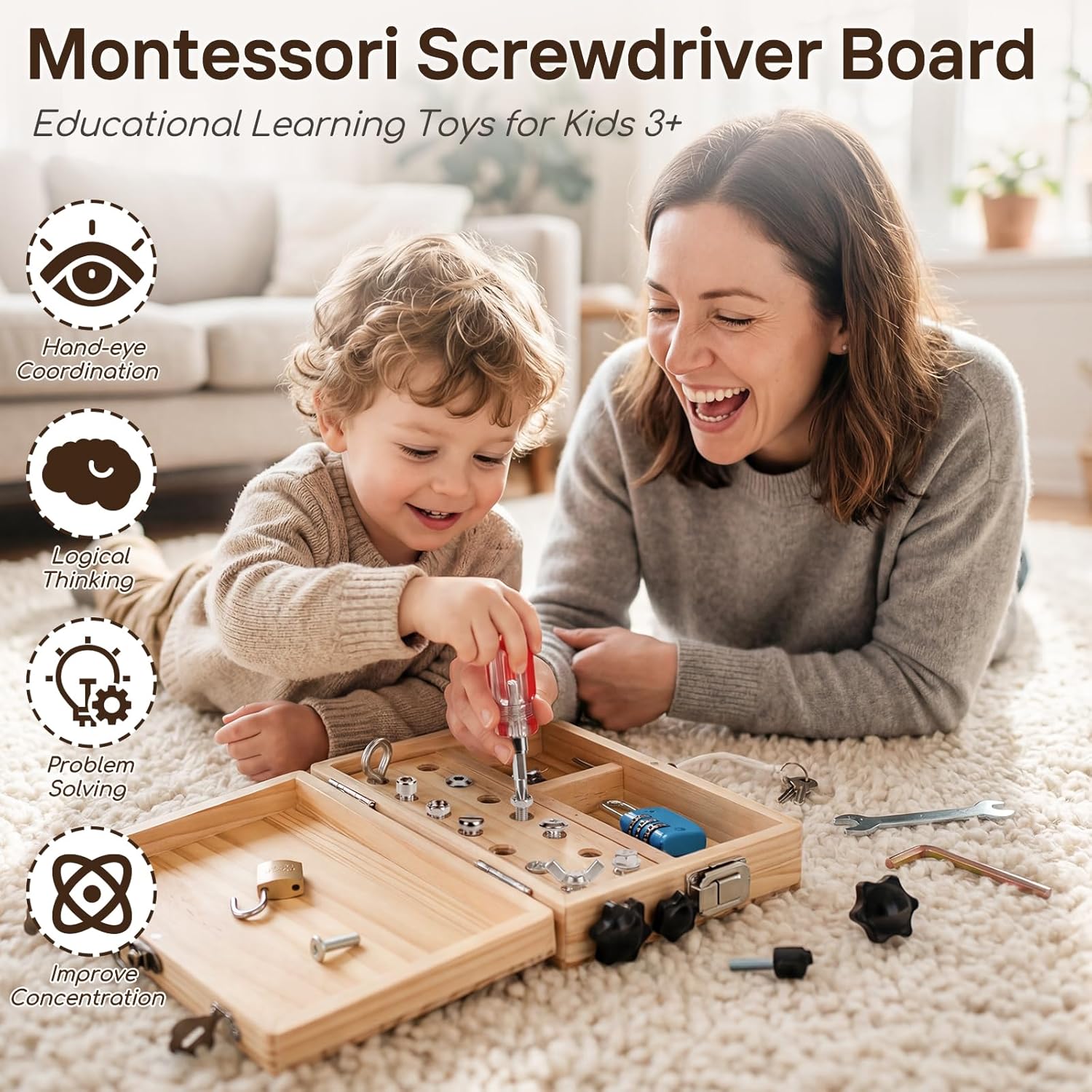 Detalle de Lehoo Castle Montessori Wooden Toolbox Toy Set with Real Locks and Tools (Ages 3–6)