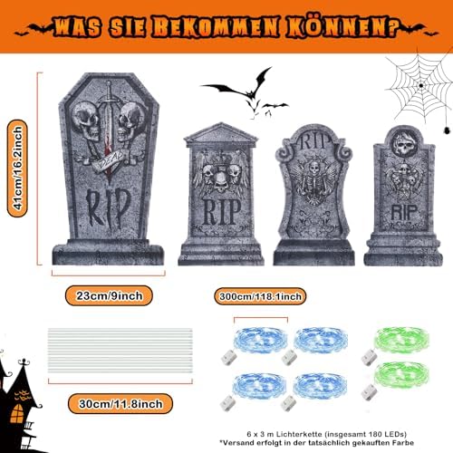 Detalle de Maxee Halloween-Grabsteindeko mit 4 Motiven, 6 Lichterketten und Erdspießen