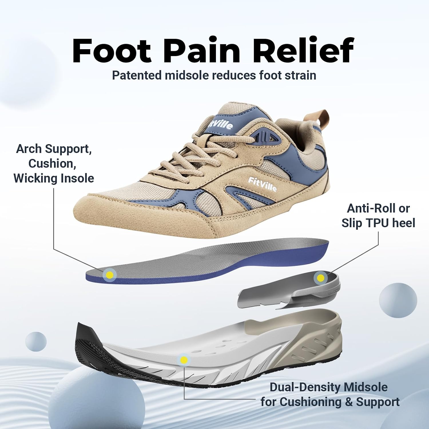 Detalle de FitVille Rebound NEO V1 Wide Walking Shoes for Men: Extra Wide, Arch Support, Heel Pain Relief