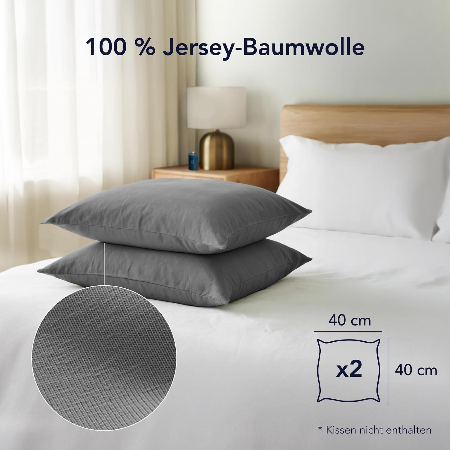 Detalle de Dreamzie Kissenbezug 40x40 cm (Set mit 2) aus 100% Jersey-Baumwolle – Anthrazit
