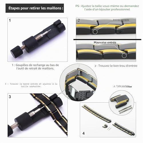 Thumbnail 5 de Bracelet Magnétique JFUME Plaqué Or 18K – Acier Inoxydable Noir PVD, Longueur 21,5 cm, Réglable