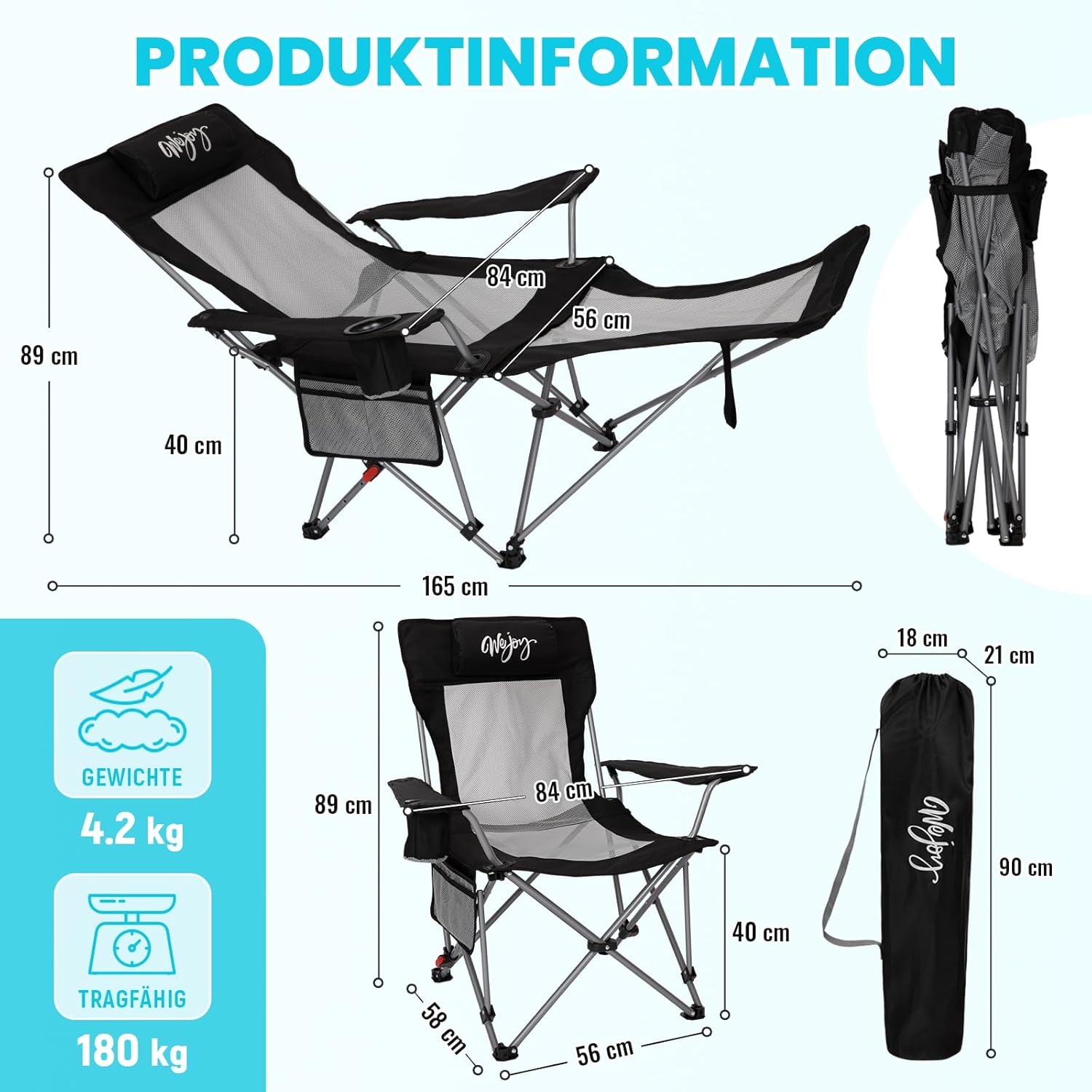 Thumbnail 1 de WEJOY 2-in-1 Campingstuhl 180 kg mit Fußstütze – 4-Verstellbare Rückenlehne, kompakt klappbar, Getränkehalter und Liegeposition
