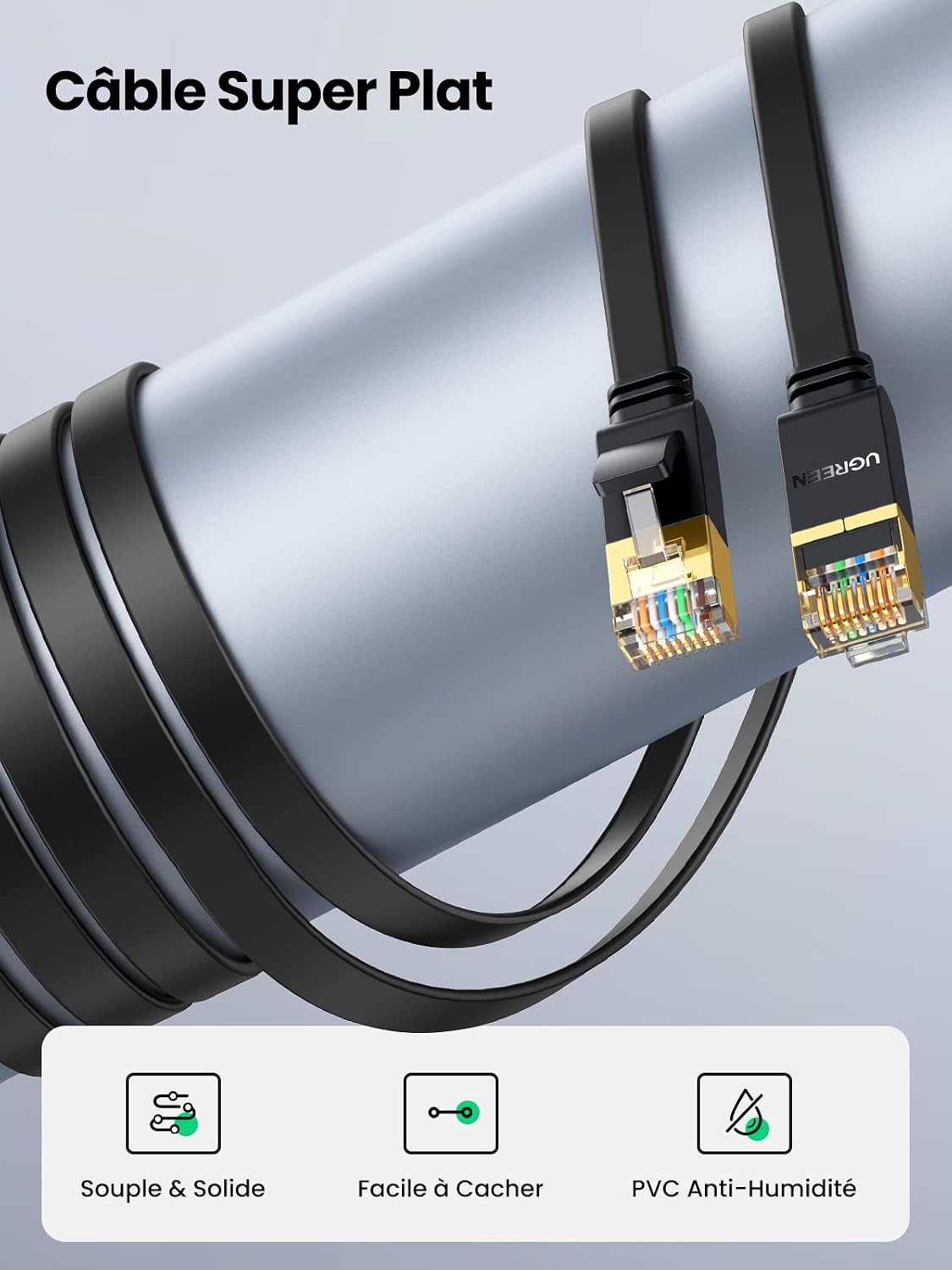 Detalle de UGREEN Cat 7 platte ethernetkabel 10 m, 10 Gbps en 600 MHz
