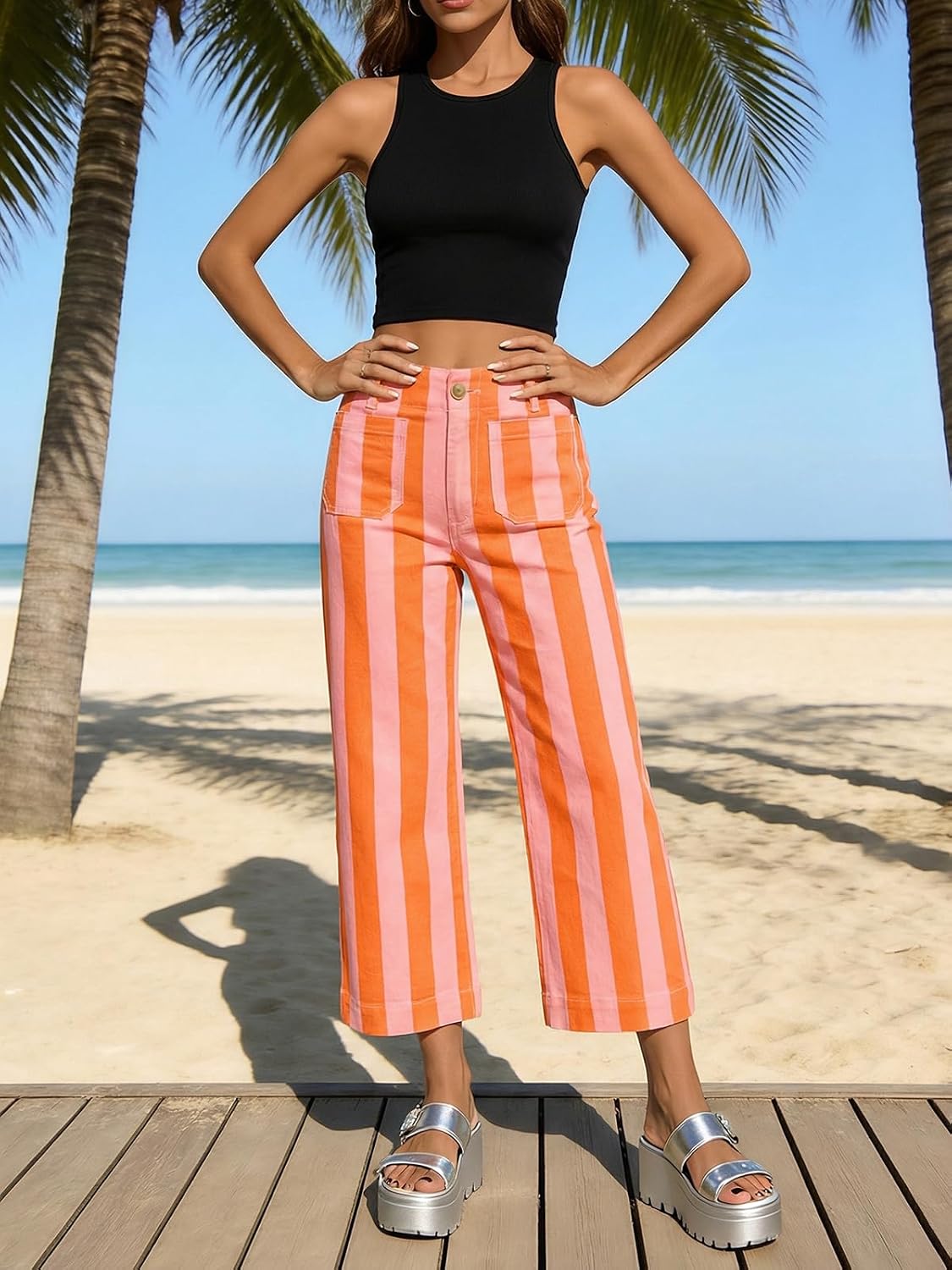 Thumbnail 2 de Tankaneo Women's Cropped Striped Jeans: High-Waisted, Stretchy Denim with Pockets