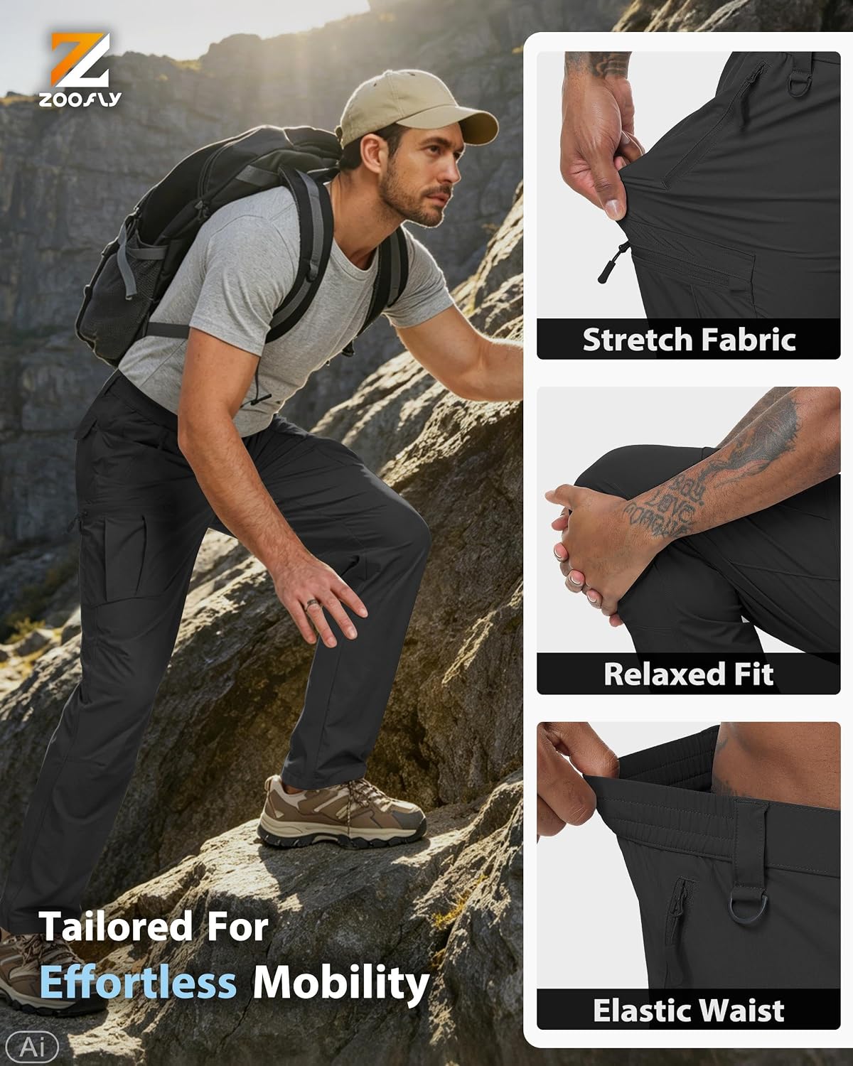 Detalle de Zoofly Men's Hiking Cargo Pants, Stretch Nylon, Waterproof, 6 Pockets