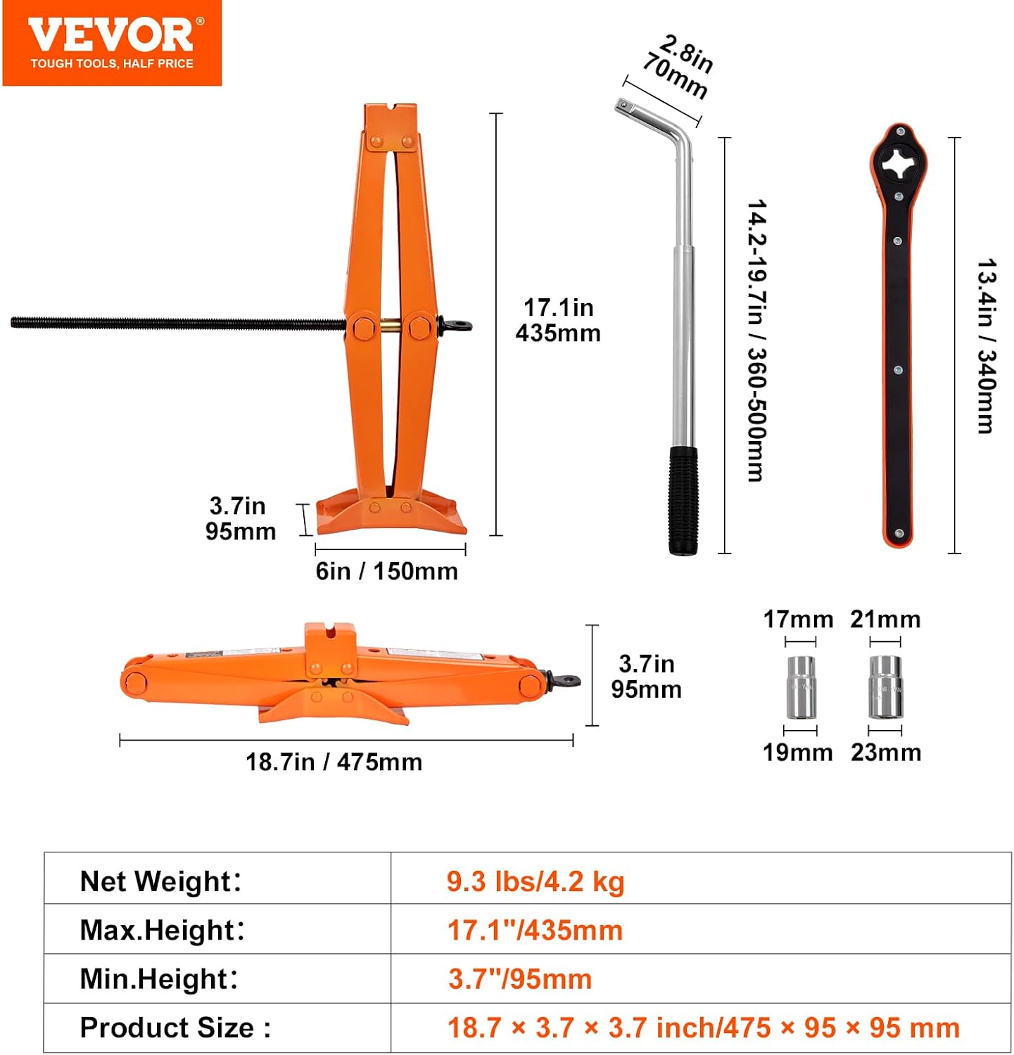Thumbnail 6 de VEVOR Scherenwagenheber manuell 2,5 t mit Ratsche und Hubbereich 95–435 mm