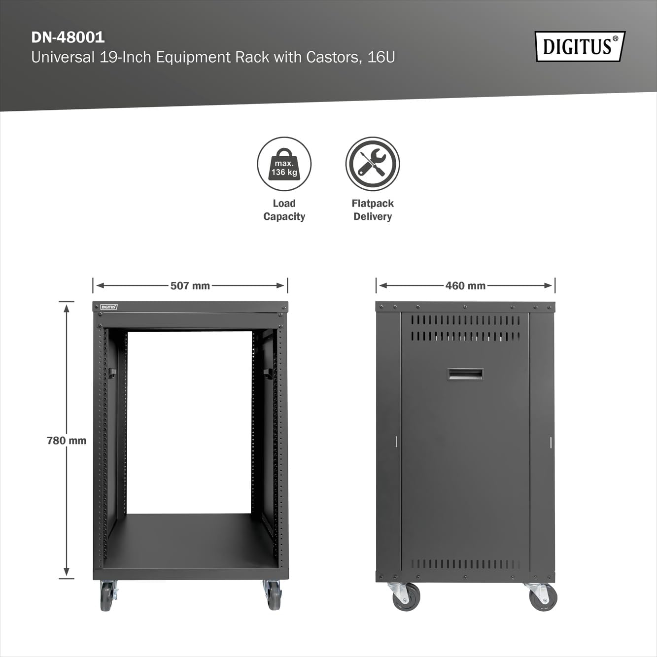 Thumbnail 1 de DIGITUS Universal 19-Zoll Equipment Rack (16 HE) – unmontiert, Traglast 136 kg, mit Rollen, schwarz