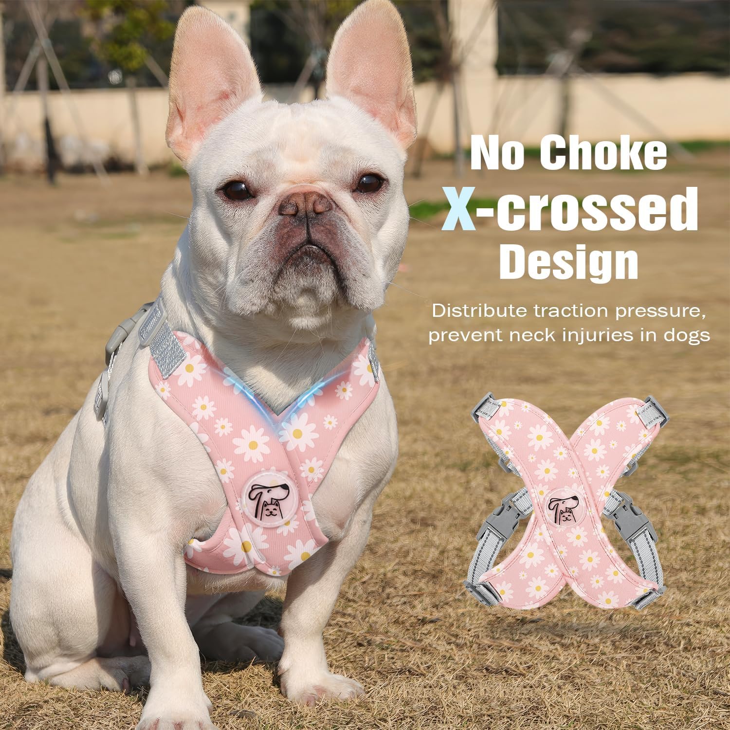 Detalle de Pawaboo Puppy Harness and Lead Set (Small) – No Pull No Choke X-Frame Vest Harness with Adjustable Straps, Pink Daisy